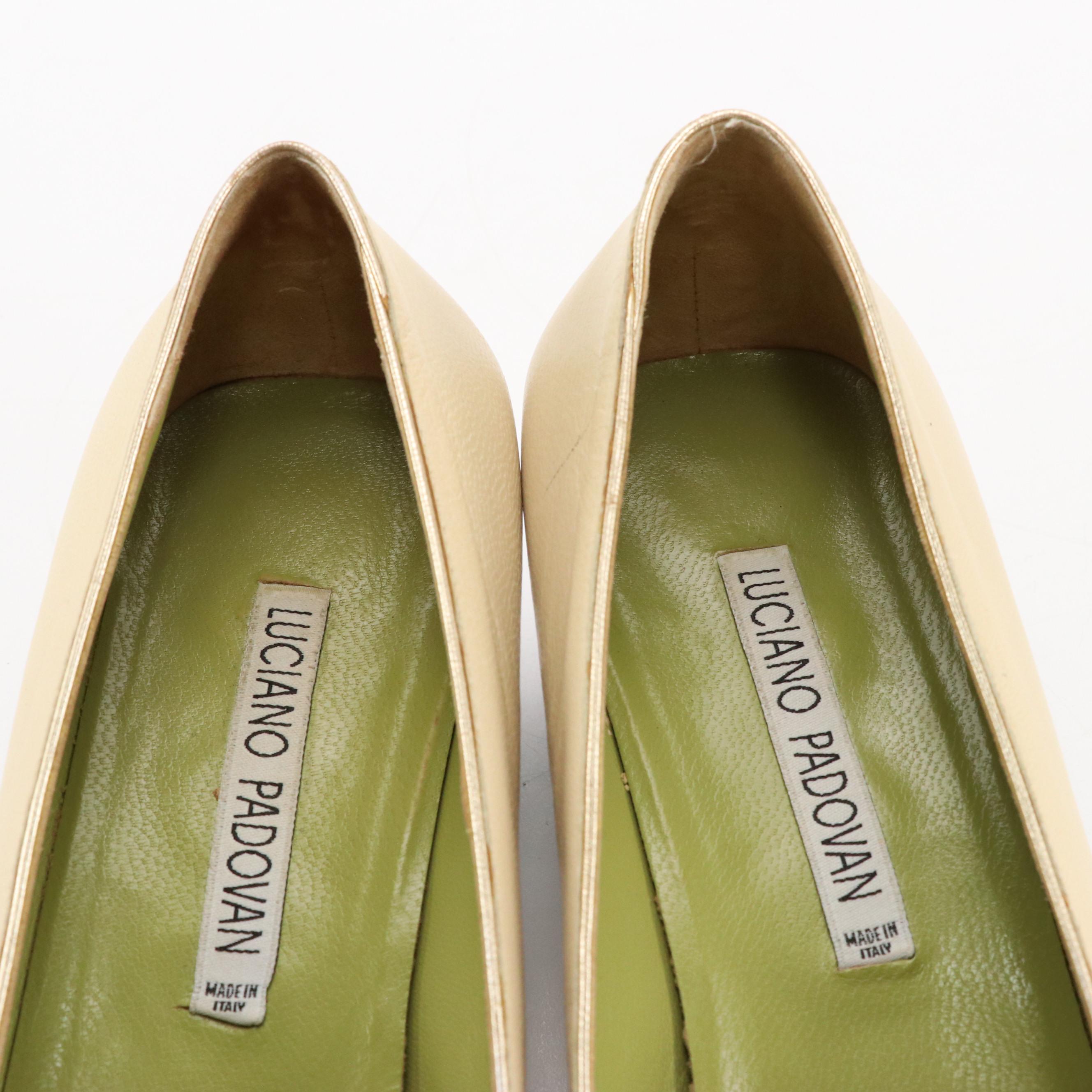 Luciano Padovan Pink and Beige Leather Square Toe Kitten Heels