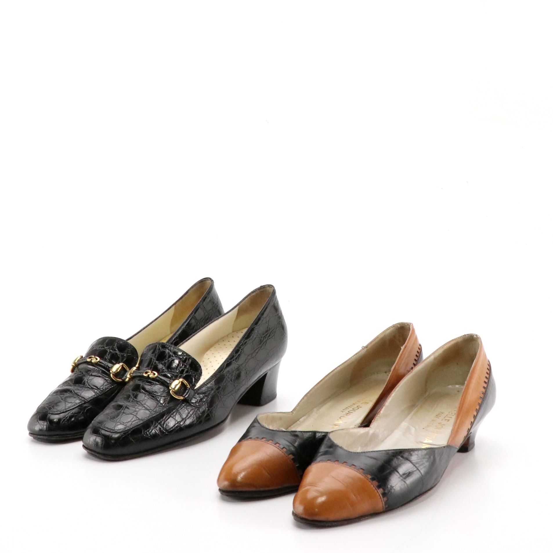 Mischelle Jourdan Two-Toned Leather and De Robert Croc Embossed Low-heeled Shoes