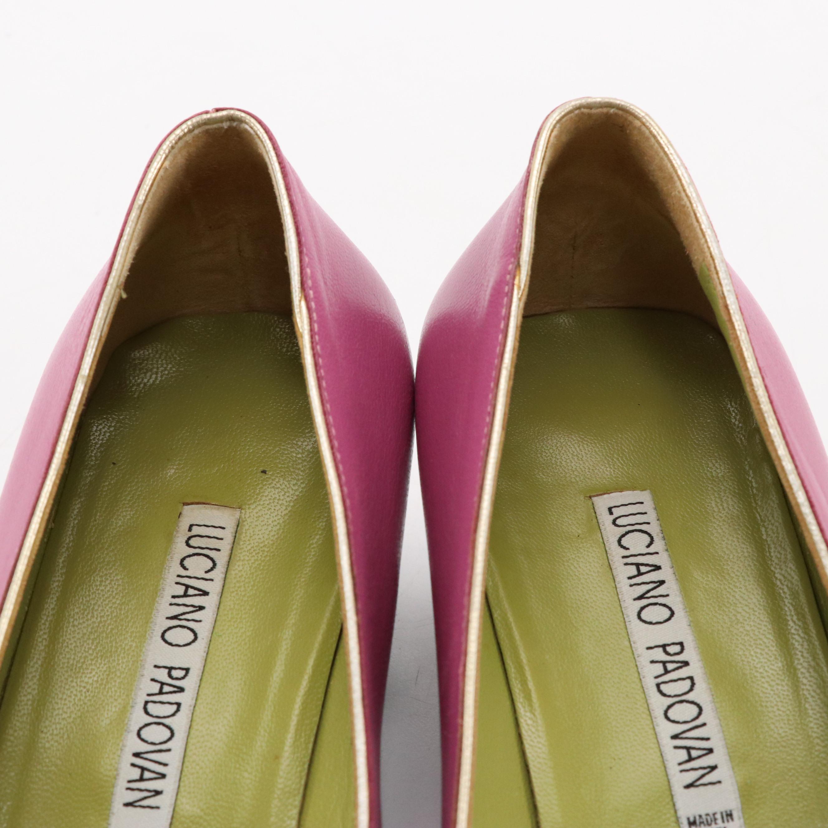 Luciano Padovan Pink and Beige Leather Square Toe Kitten Heels