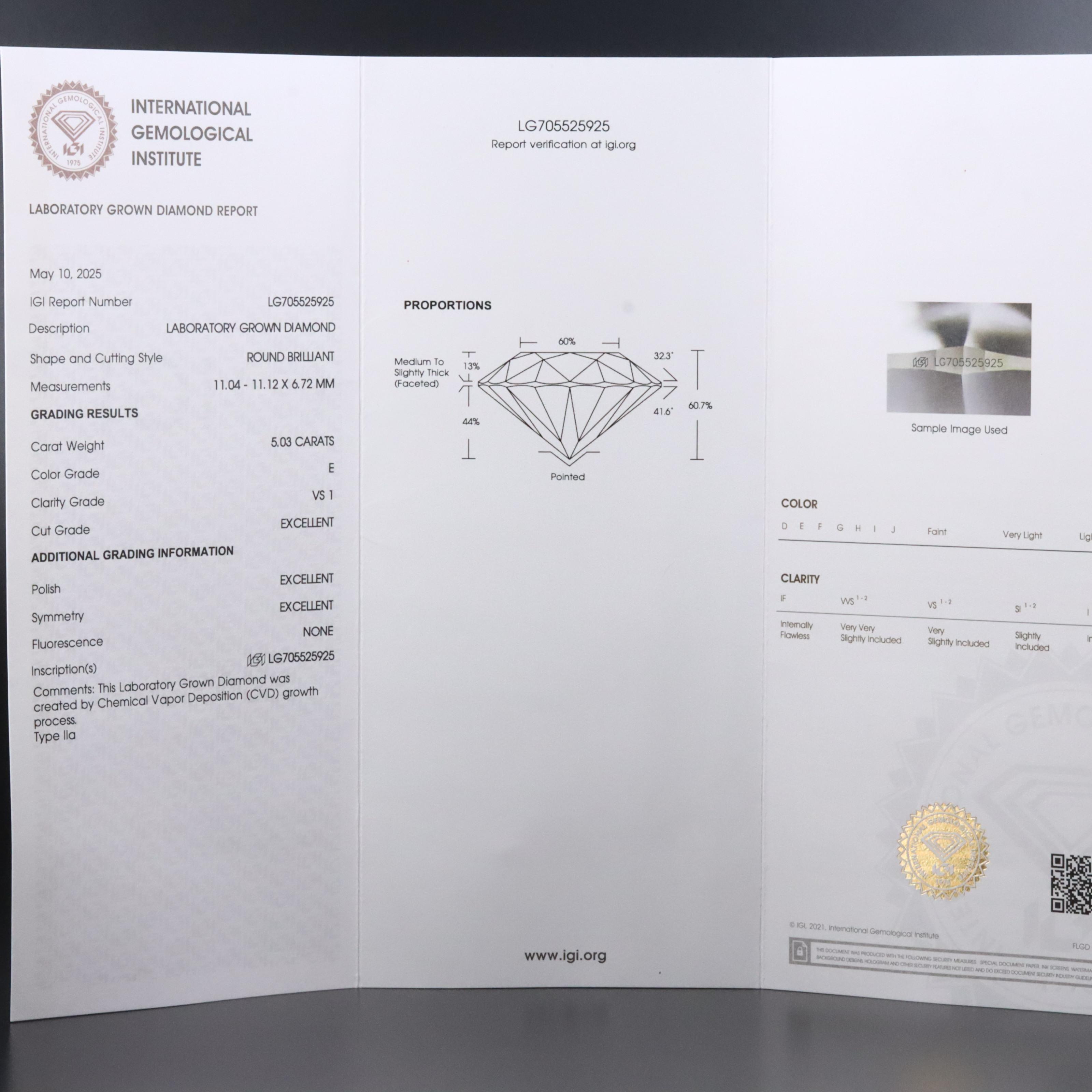 18K 5.03 CT Lab Grown Diamond Solitaire Ring with IGI Report