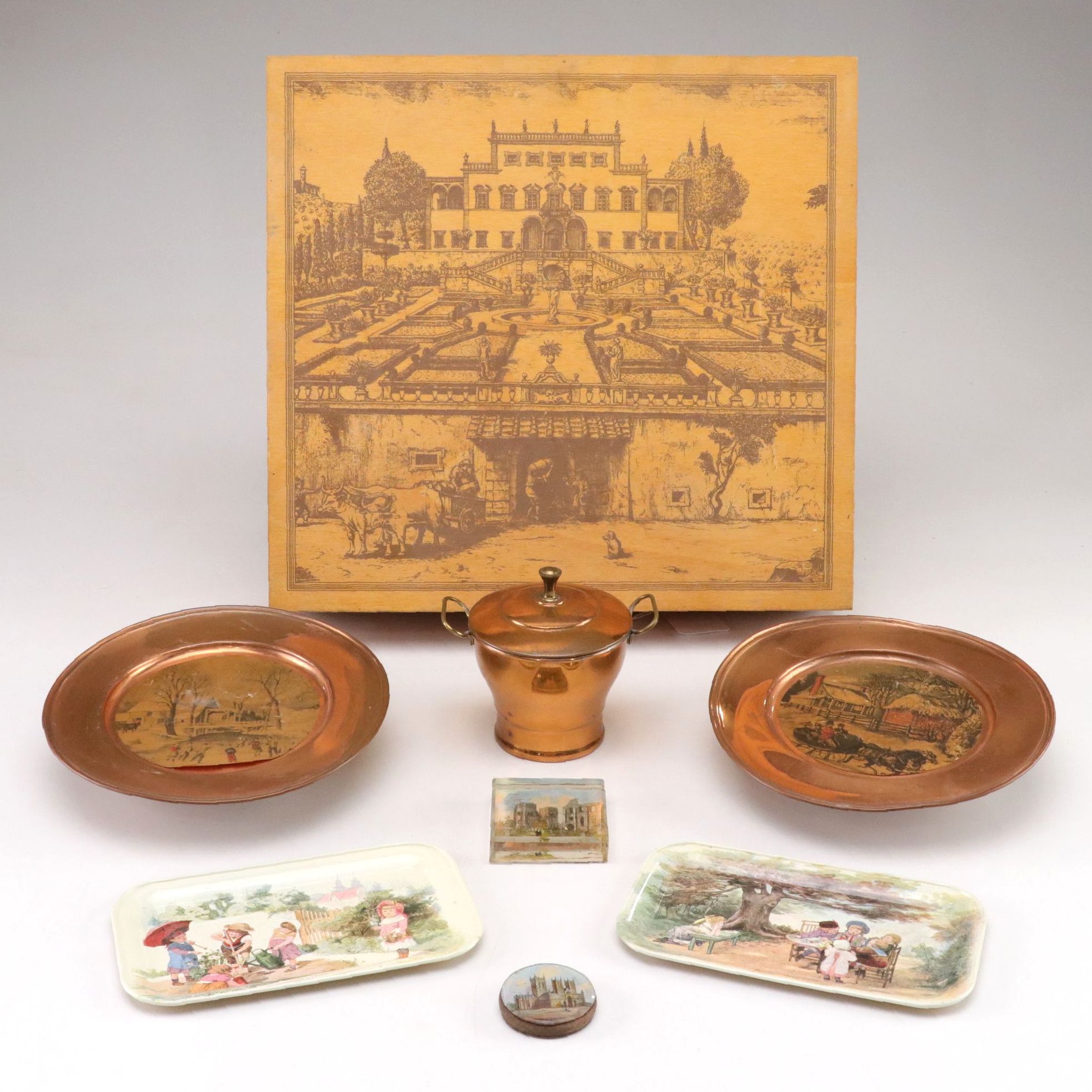Wooden Box with Printed Estate Image , French Tin Litho Trays, and  Other Decor
