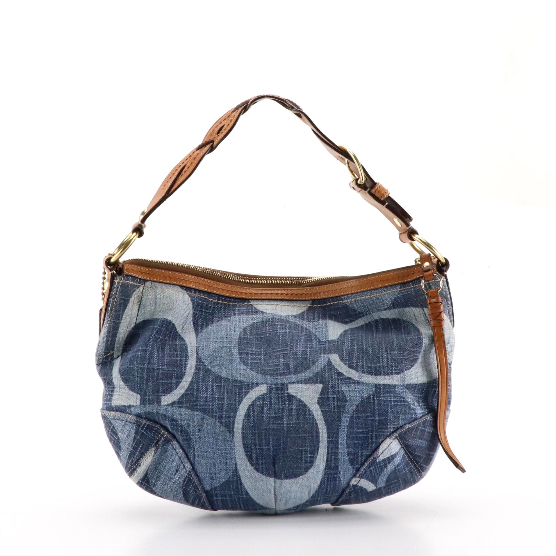 Coach Signature Denim Hobo Bag with Braided Leather Strap