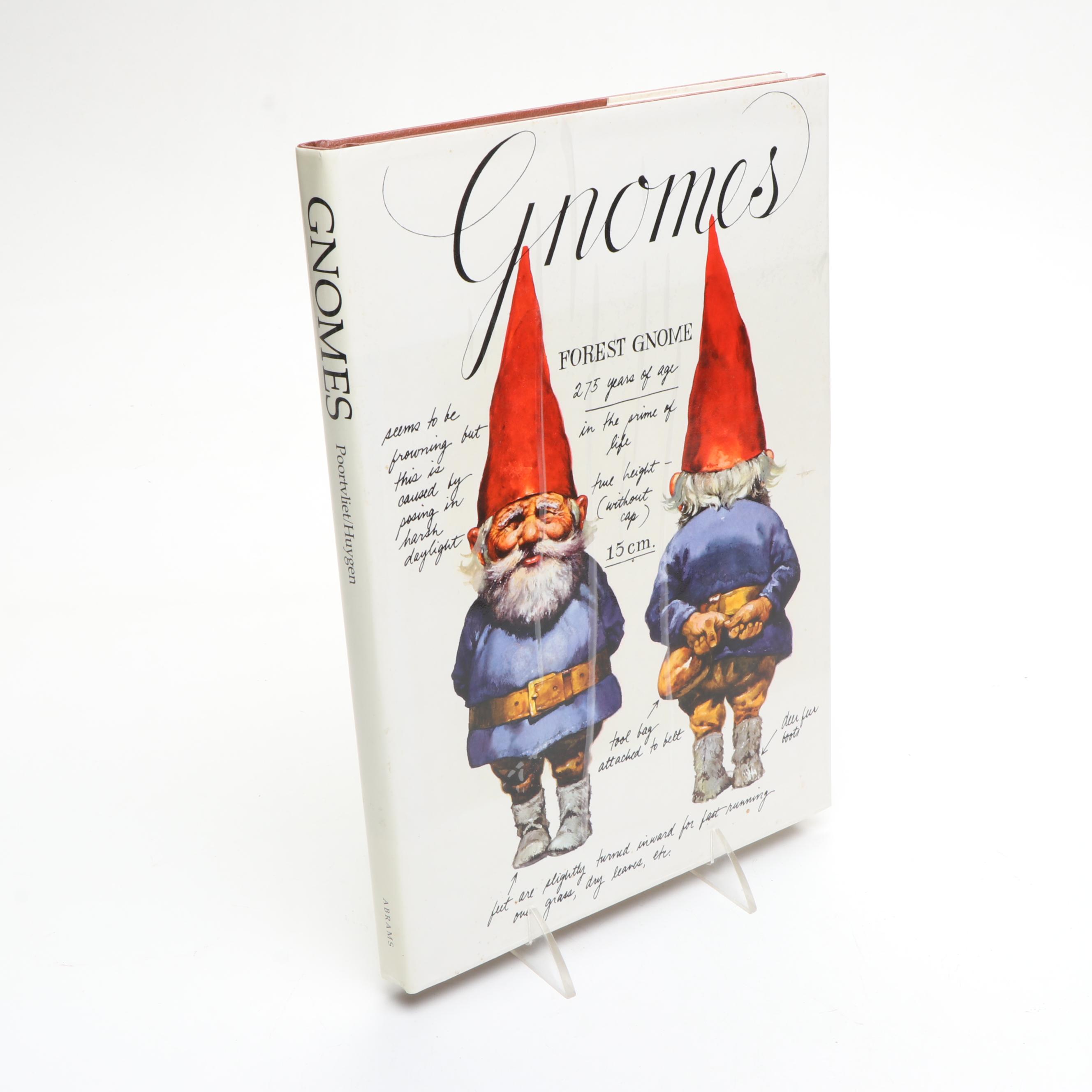 Artist Signed Carved Wood Gnome with "Gnomes" Book