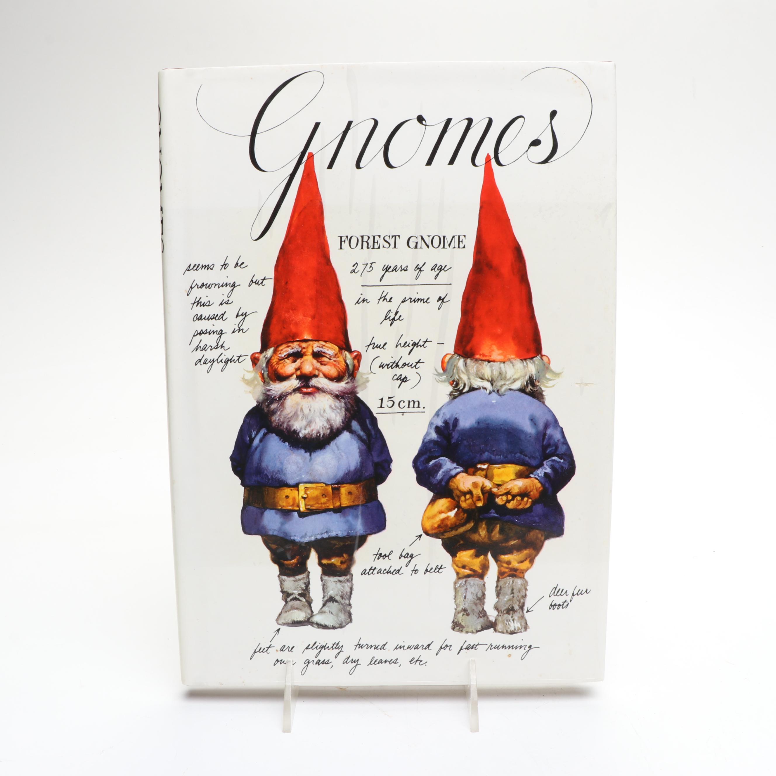 Artist Signed Carved Wood Gnome with "Gnomes" Book