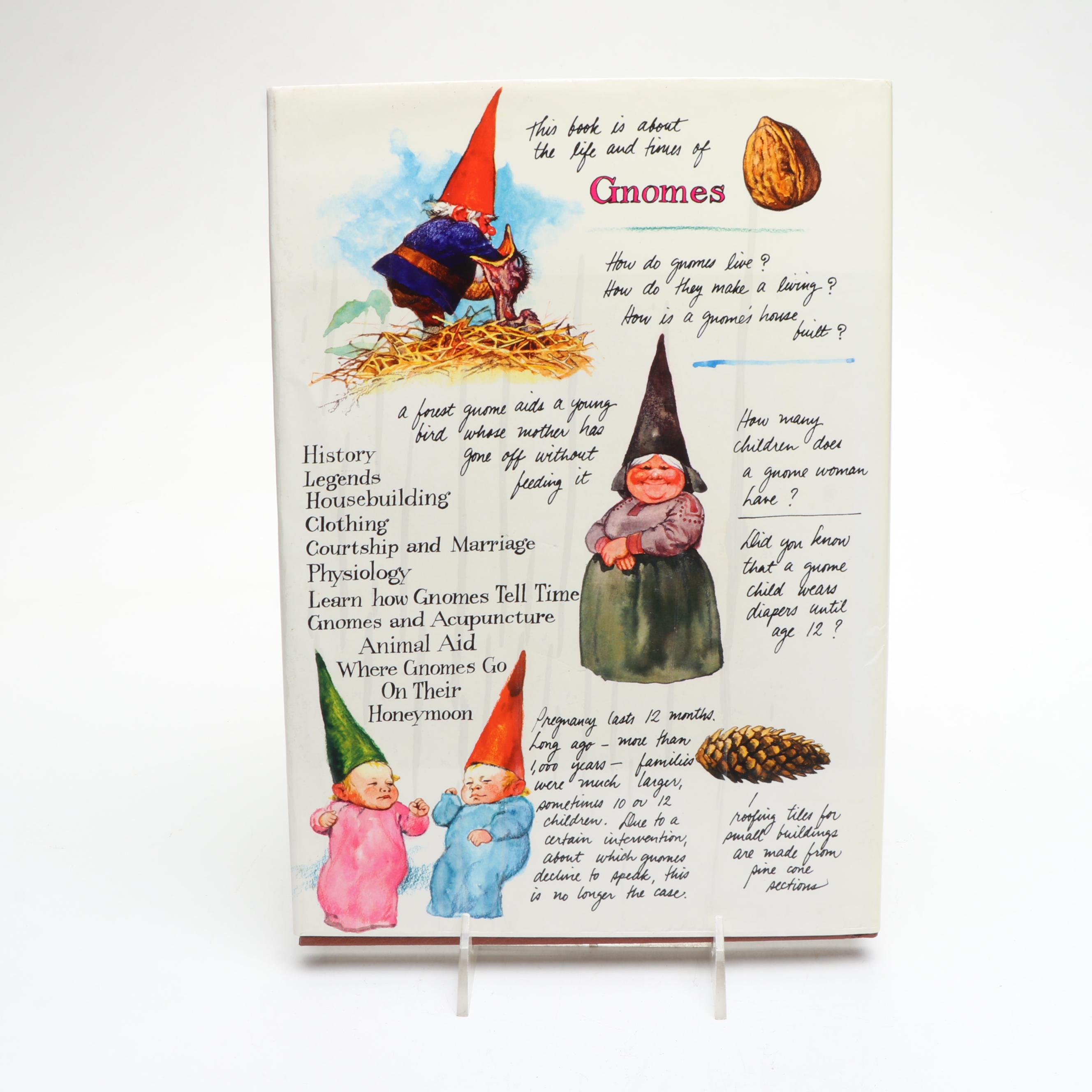 Artist Signed Carved Wood Gnome with "Gnomes" Book