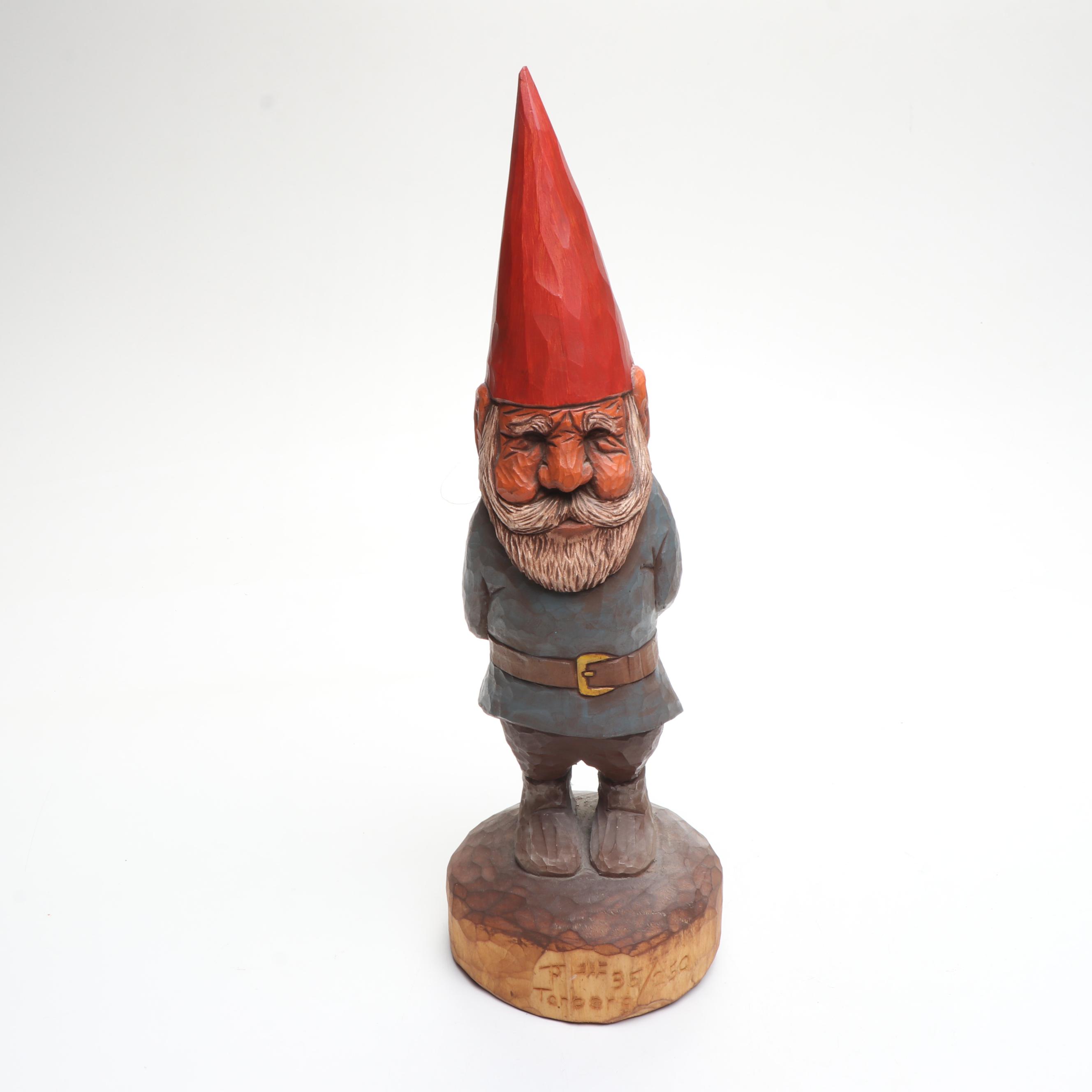 Artist Signed Carved Wood Gnome with "Gnomes" Book