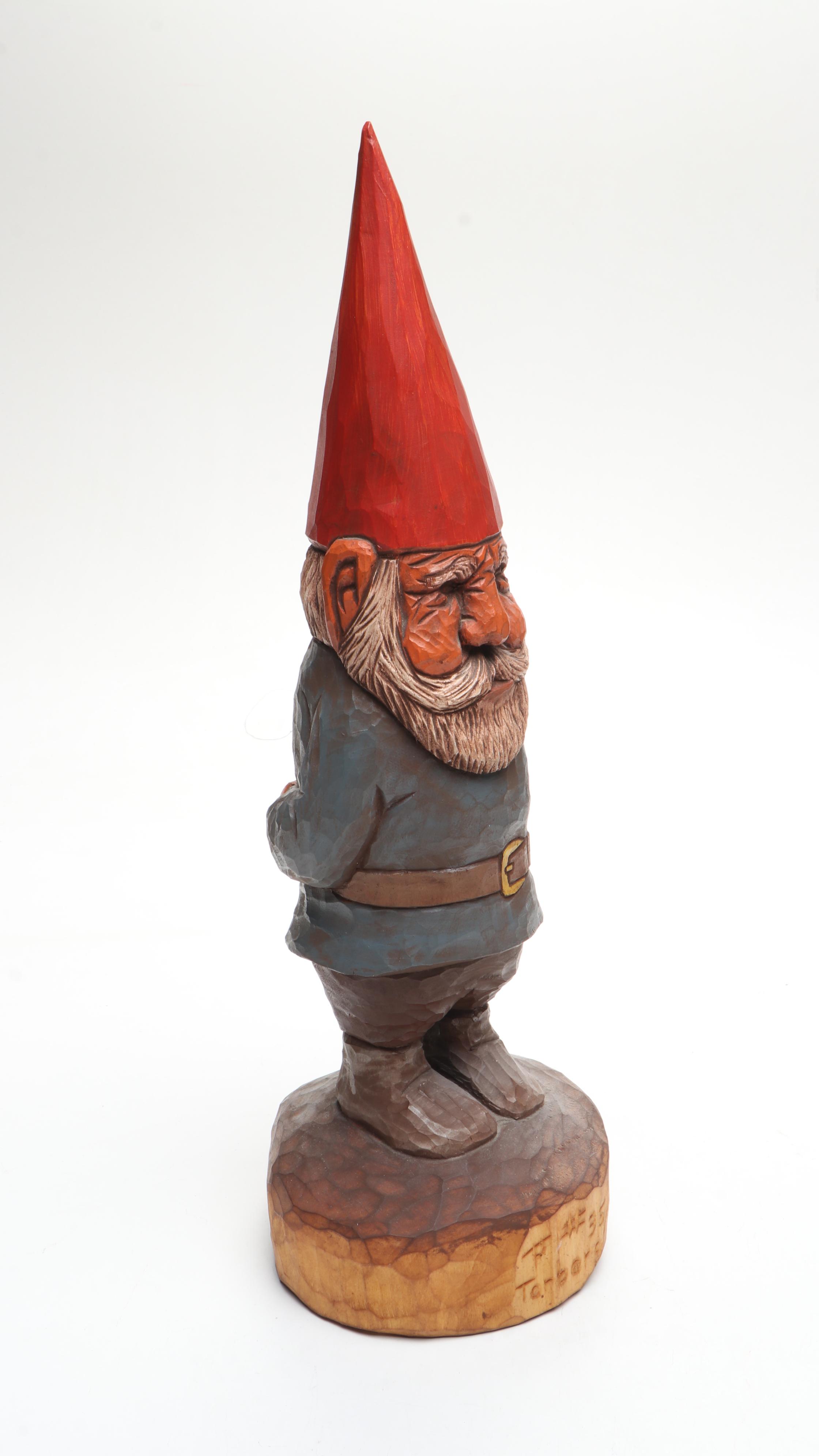 Artist Signed Carved Wood Gnome with "Gnomes" Book