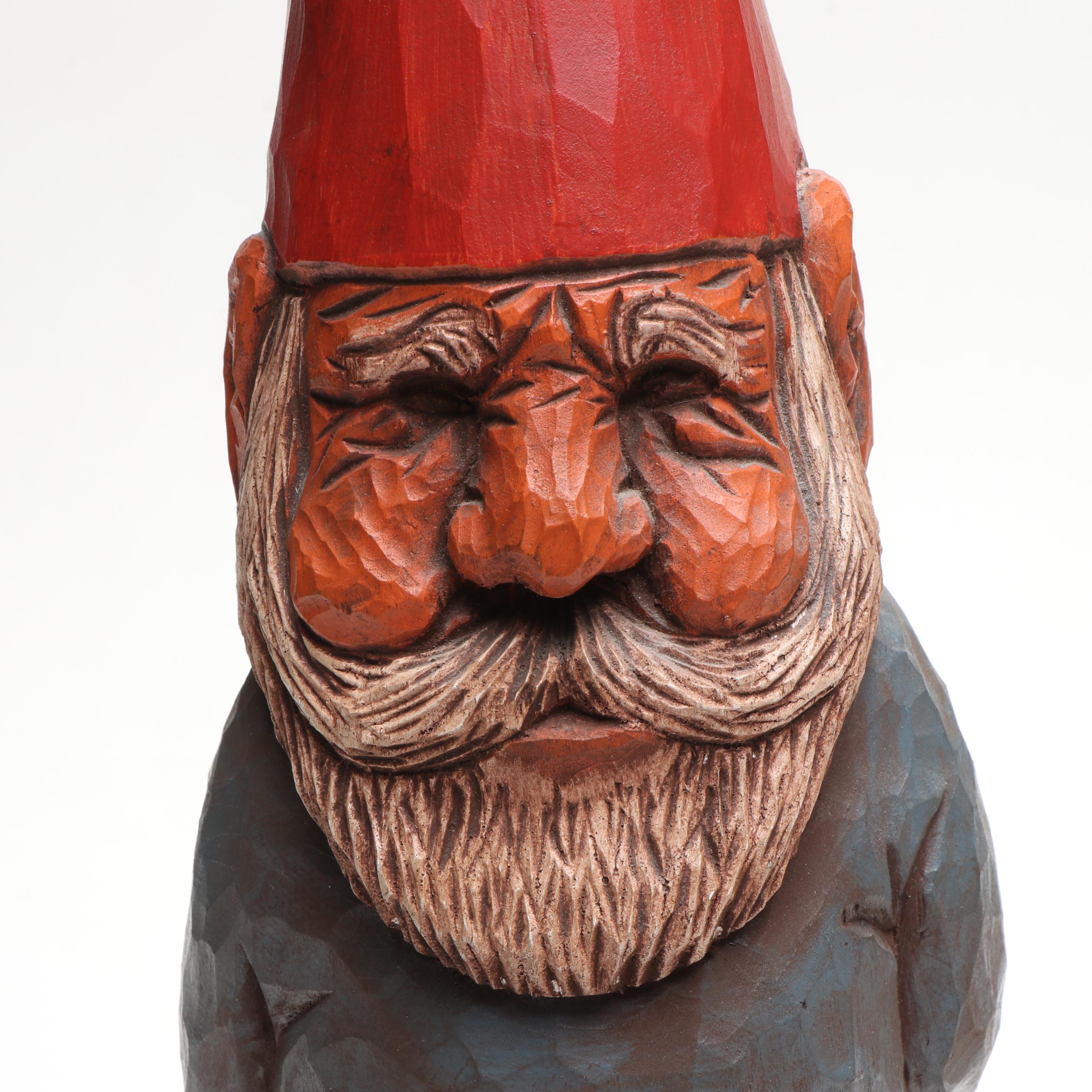 Artist Signed Carved Wood Gnome with "Gnomes" Book