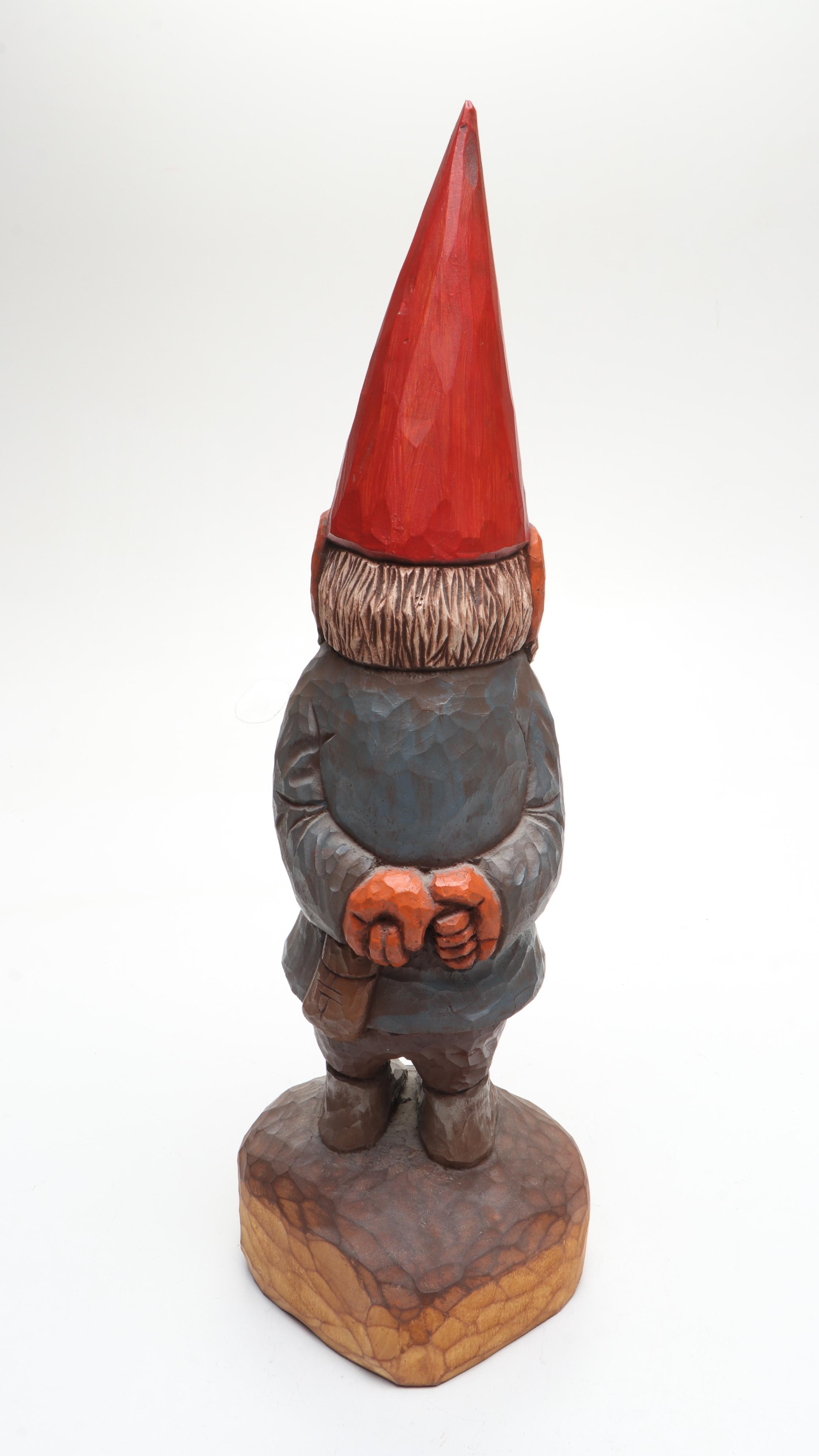 Artist Signed Carved Wood Gnome with "Gnomes" Book