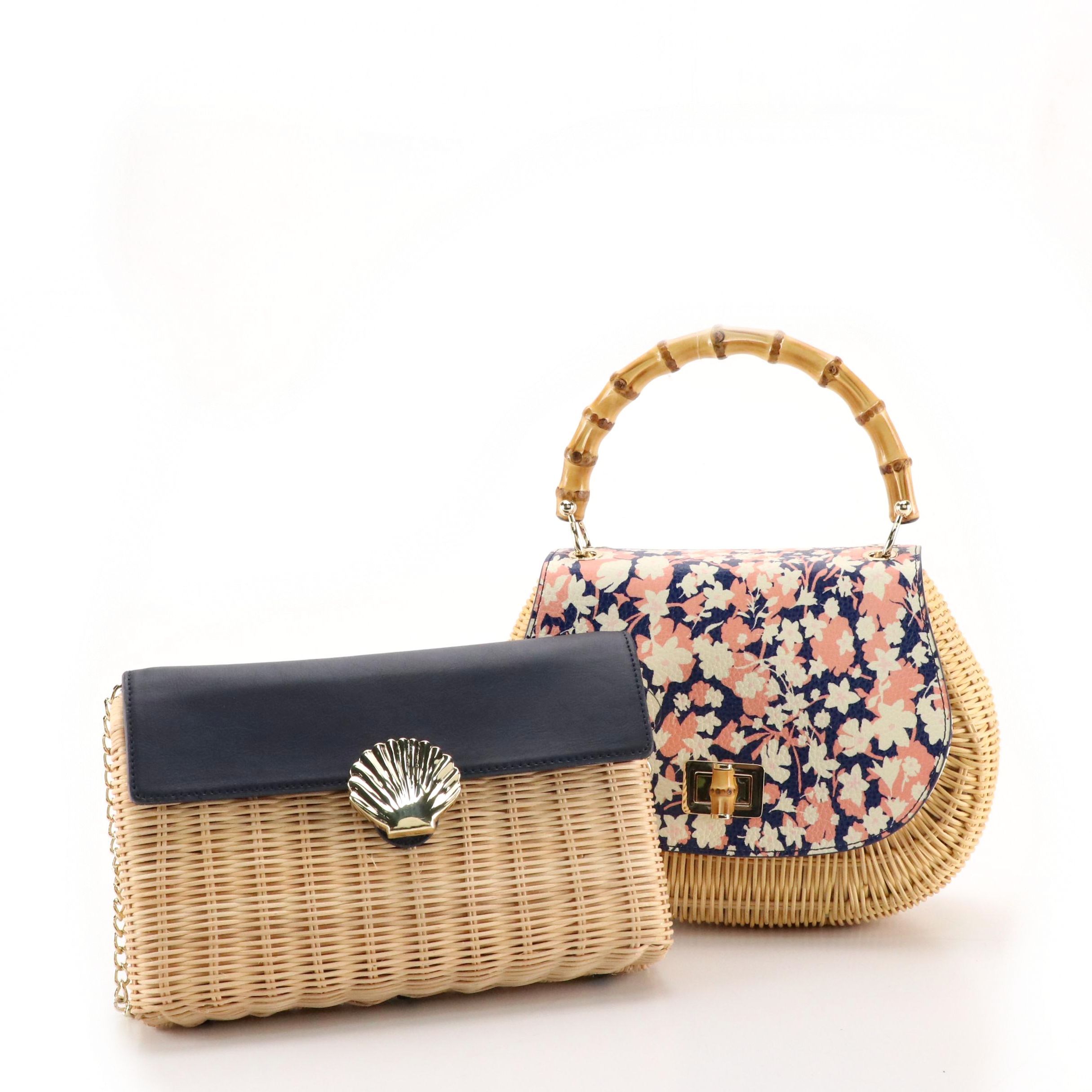 Talbots Woven Rattan Bags with Floral Print and Navy Leather Details