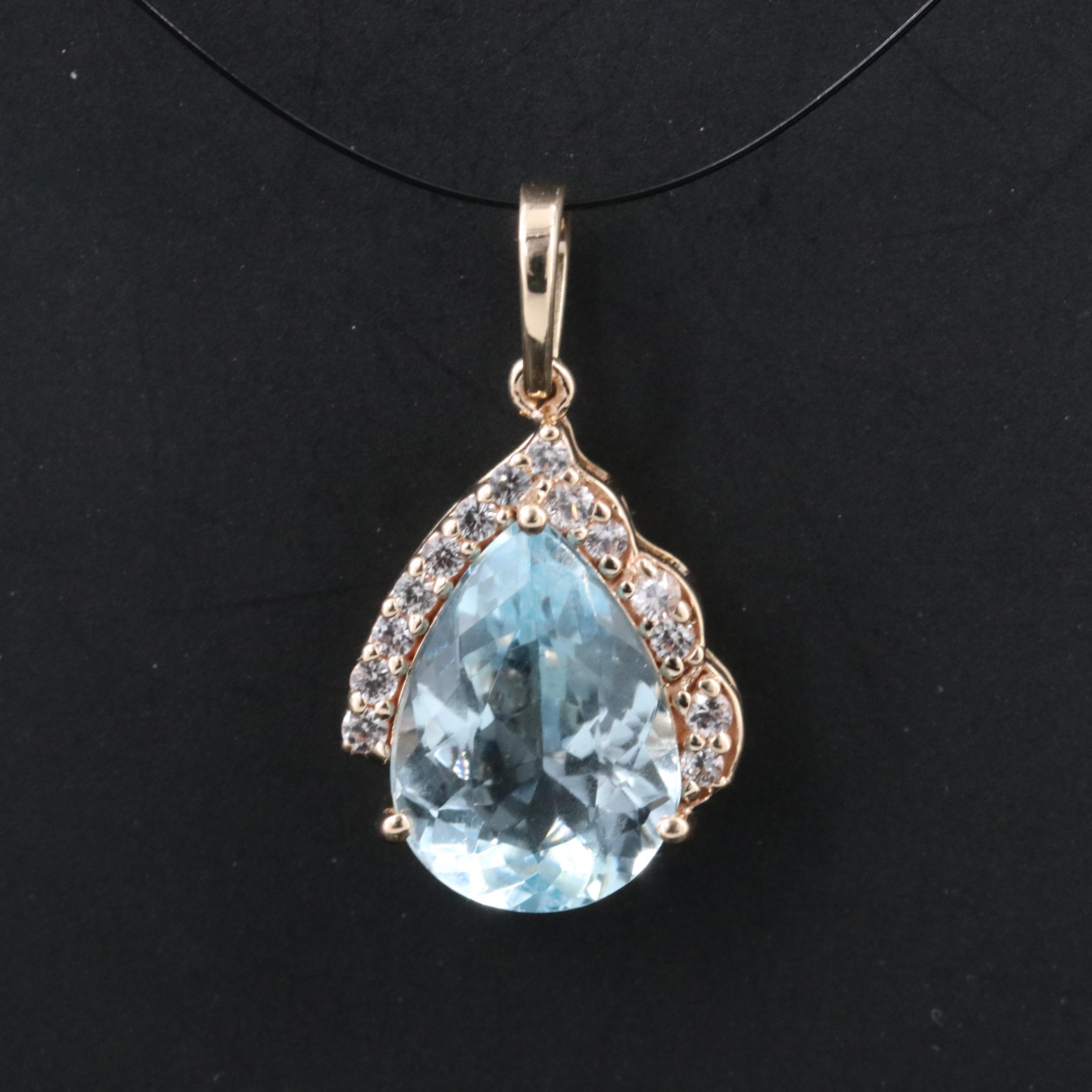 14K Aquamarine and White Sapphire Drop Pendant