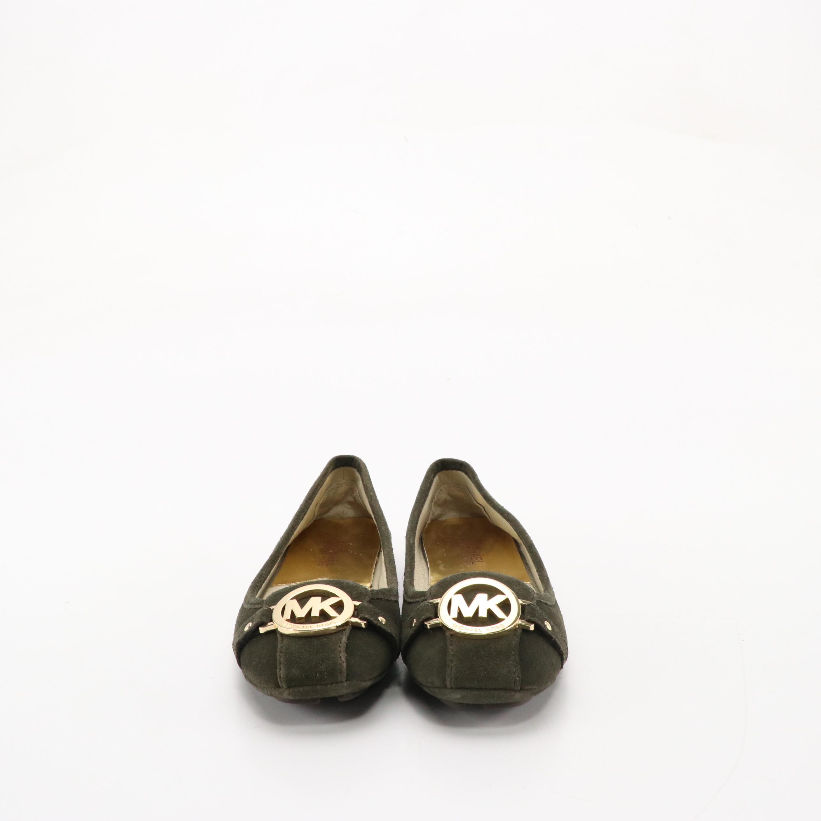 MIchael Kors Logo Flats in Grey/Black Leather and Dark Green Suede