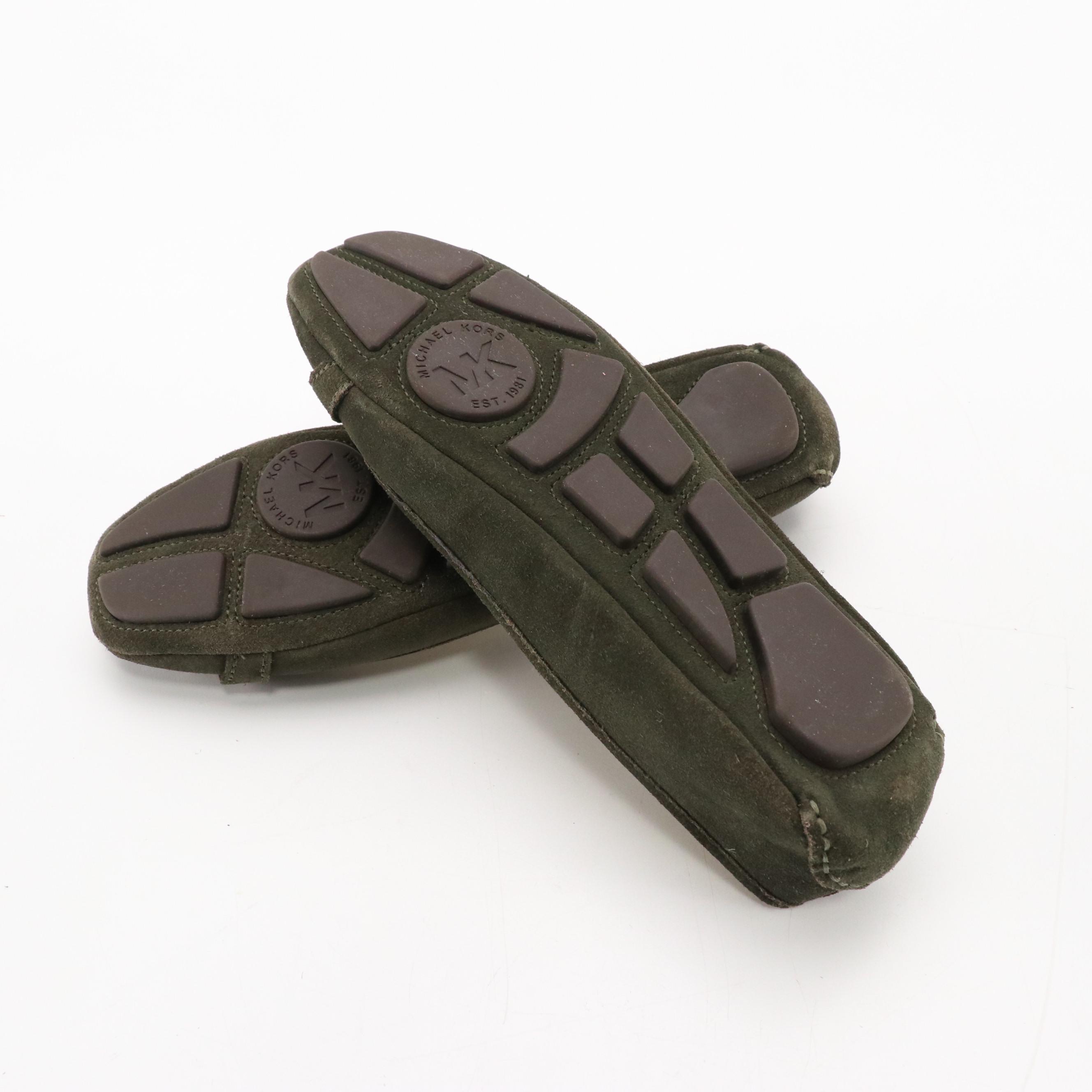 MIchael Kors Logo Flats in Grey/Black Leather and Dark Green Suede