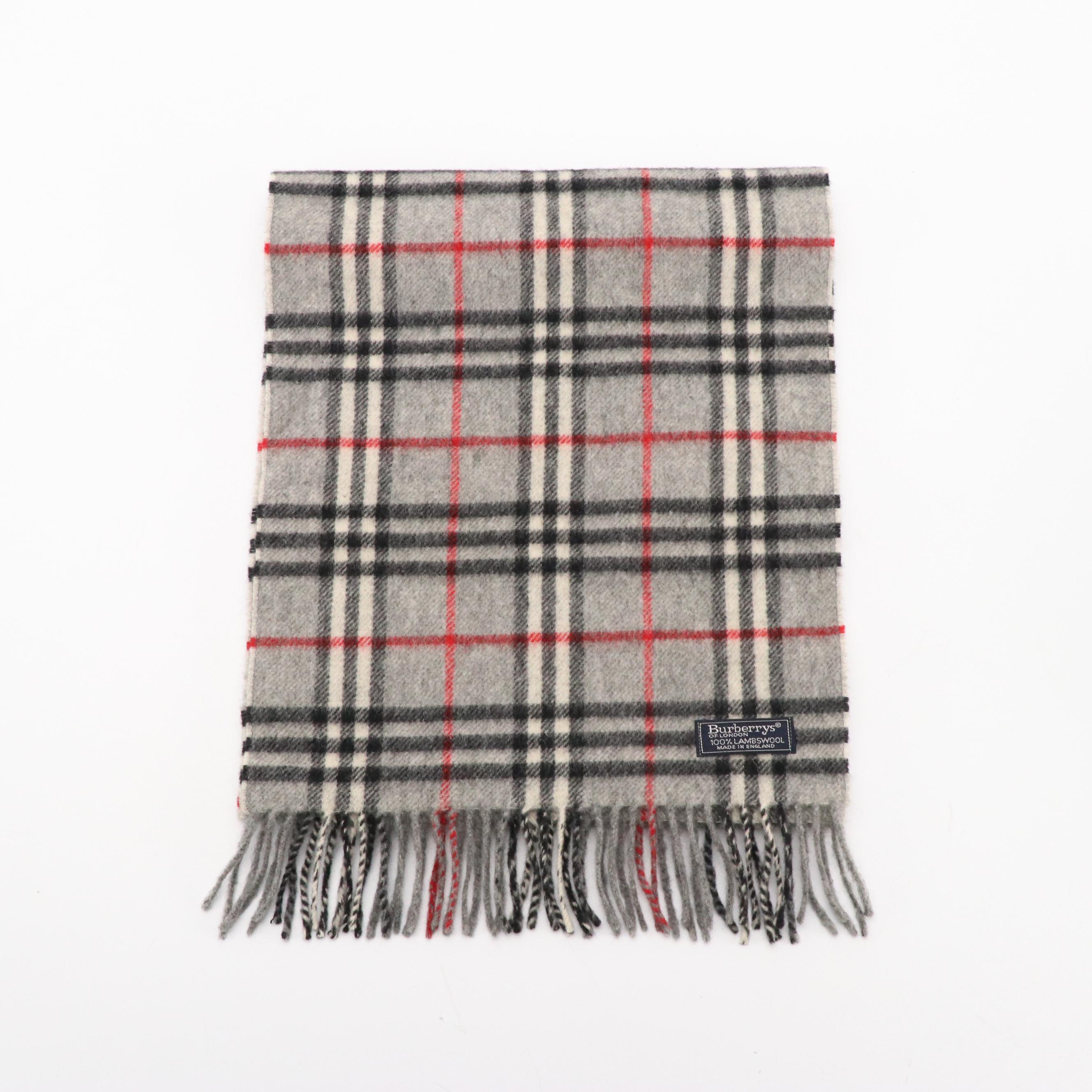 Burberrys Vintage Grey House Check Lambswool Fringe Scarf
