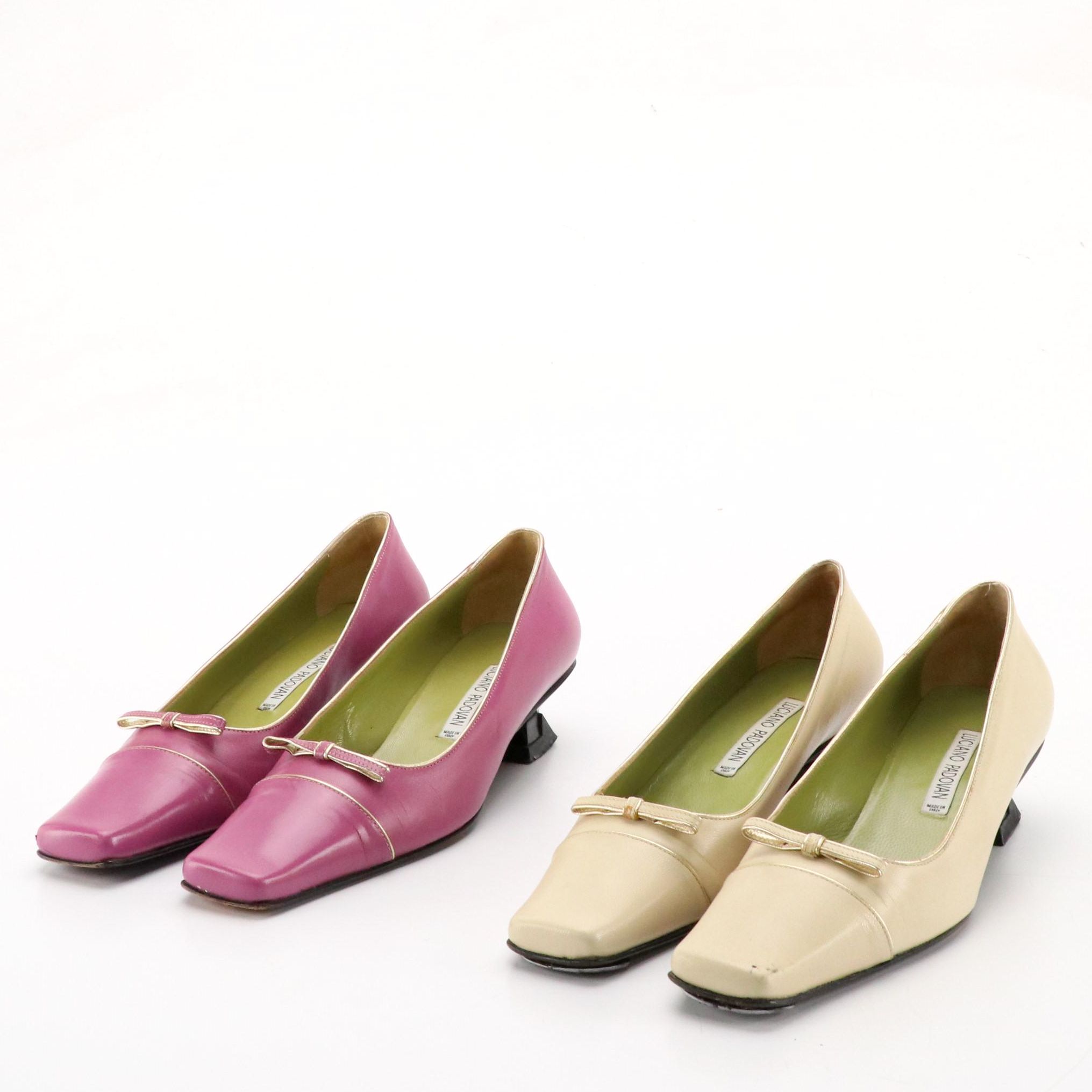 Luciano Padovan Pink and Beige Leather Square Toe Kitten Heels