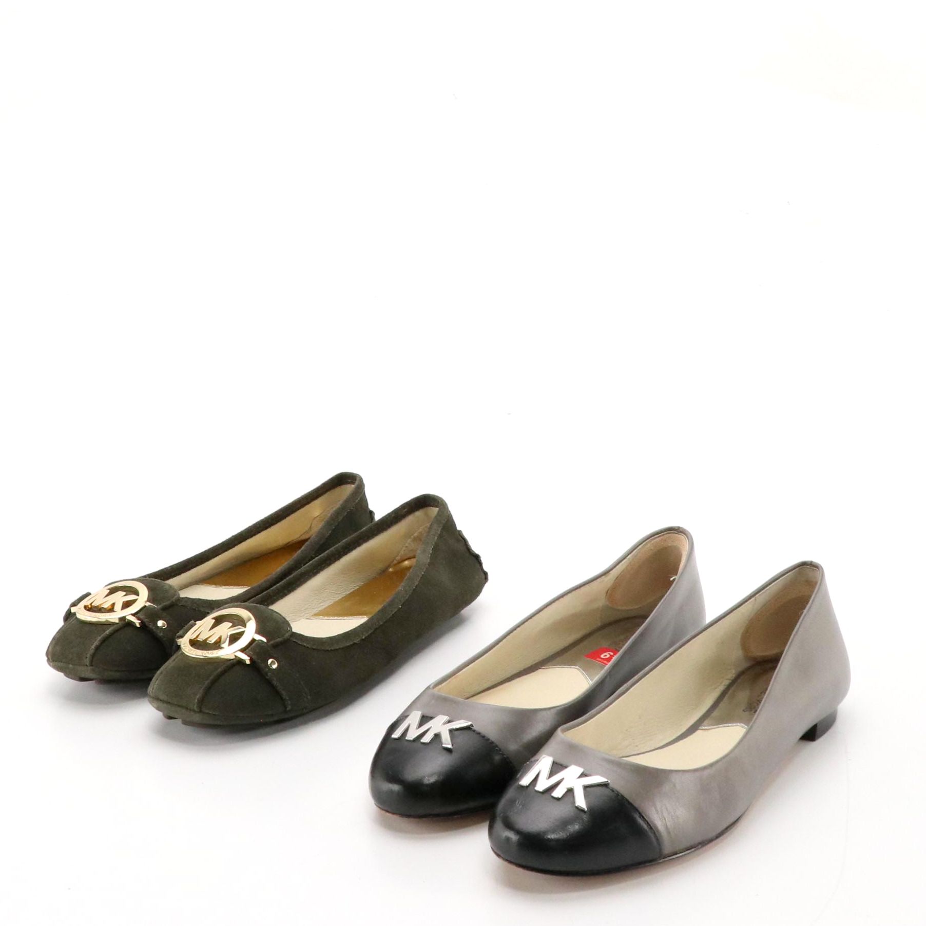 MIchael Kors Logo Flats in Grey/Black Leather and Dark Green Suede
