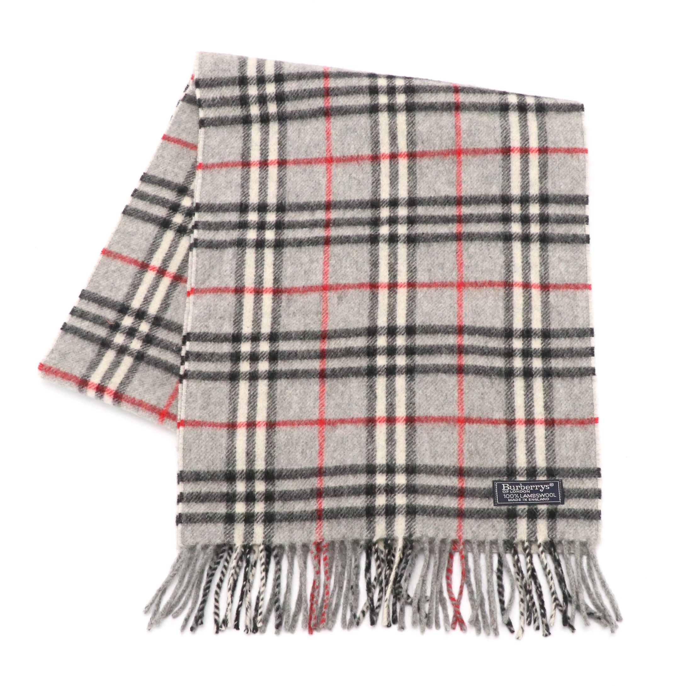 Burberrys Vintage Grey House Check Lambswool Fringe Scarf
