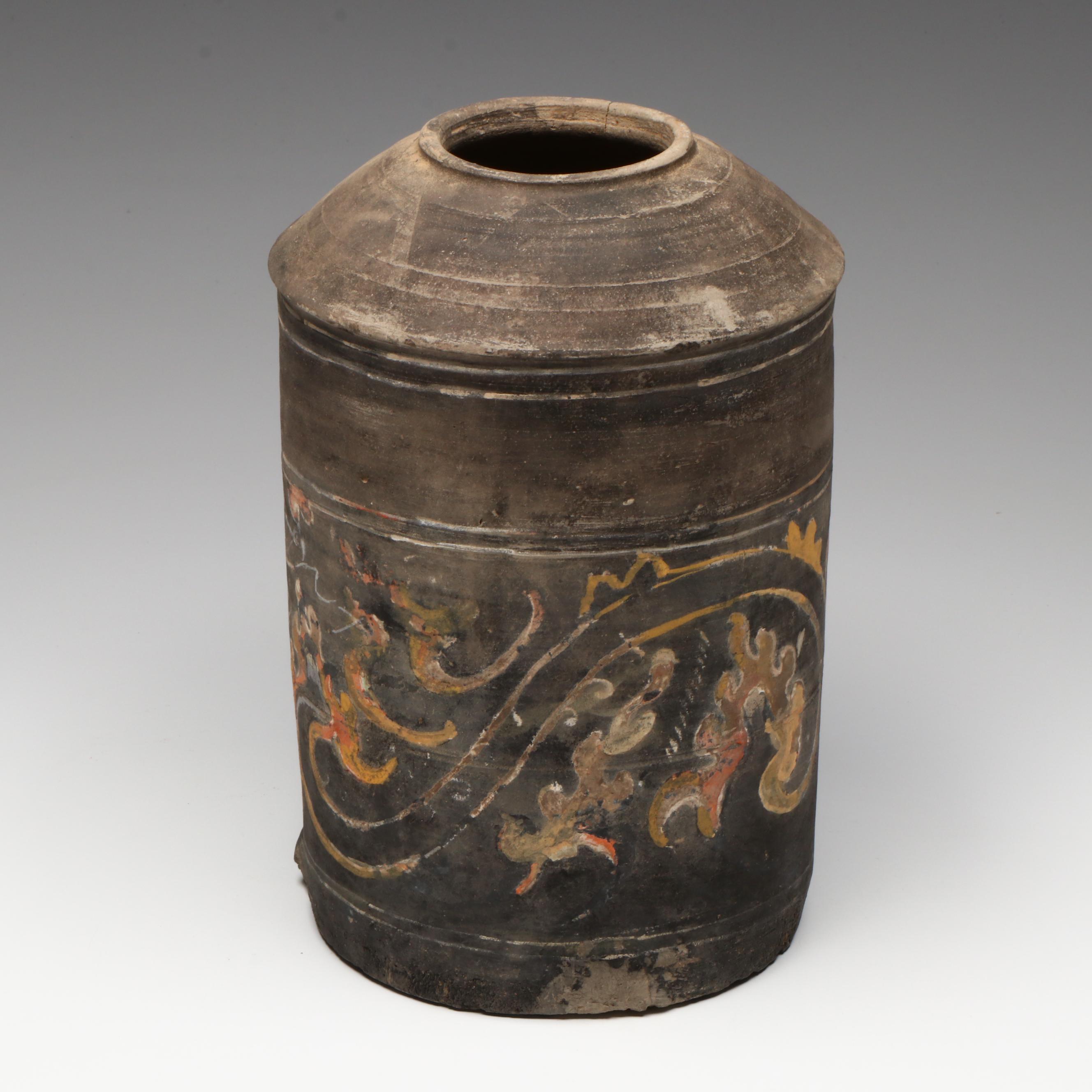 Chinese Han Dynasty Polychrome Painting Granary Jar