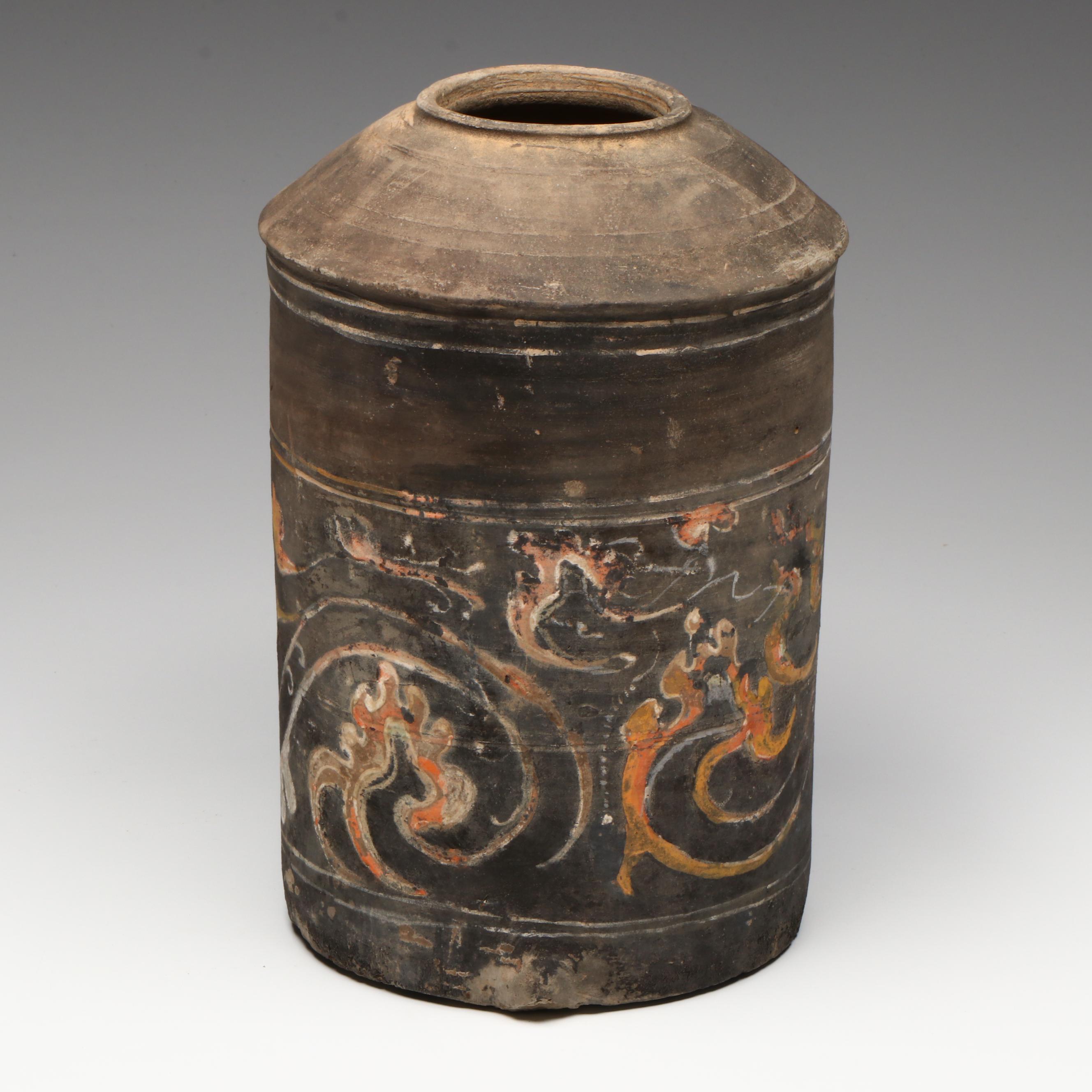 Chinese Han Dynasty Polychrome Painting Granary Jar