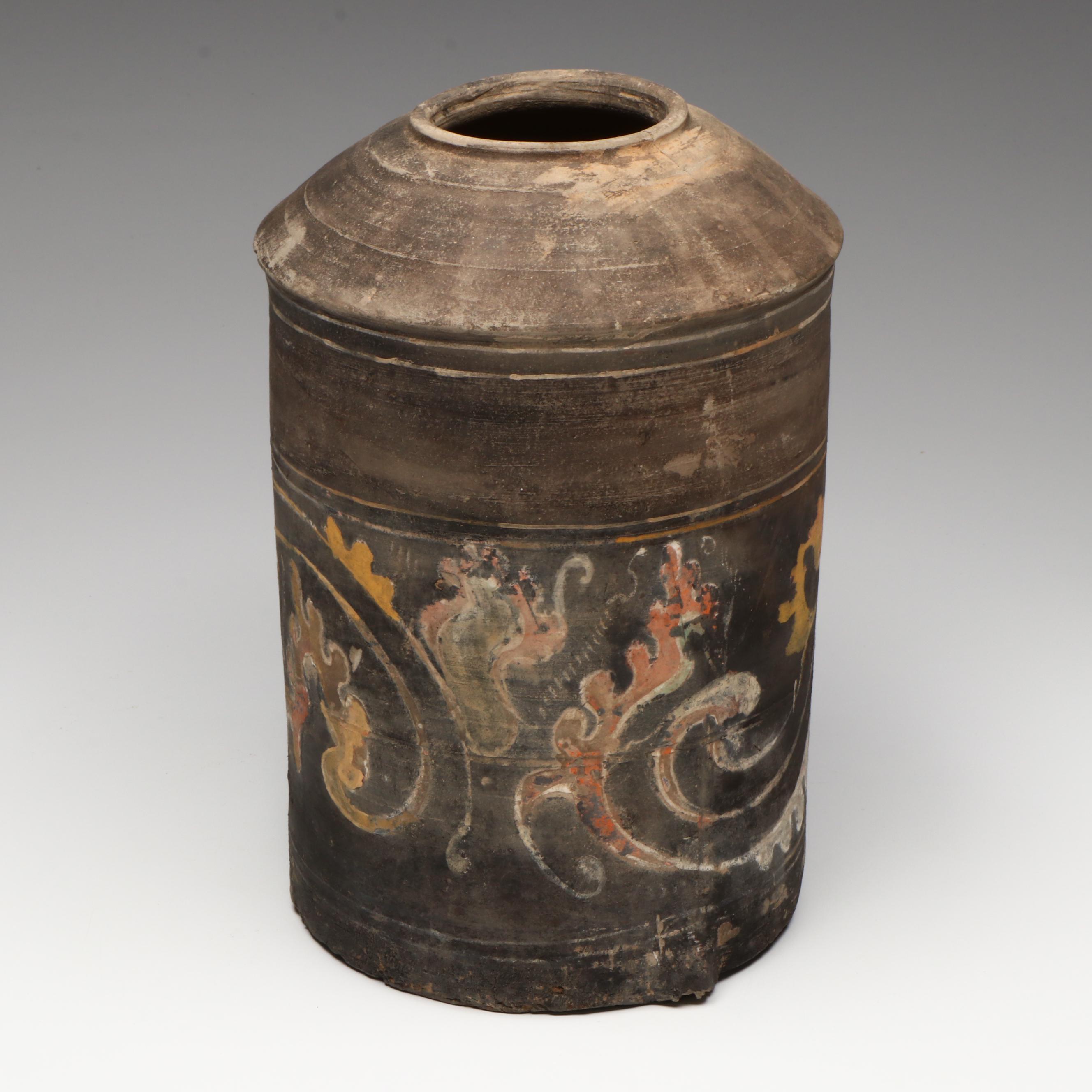 Chinese Han Dynasty Polychrome Painting Granary Jar