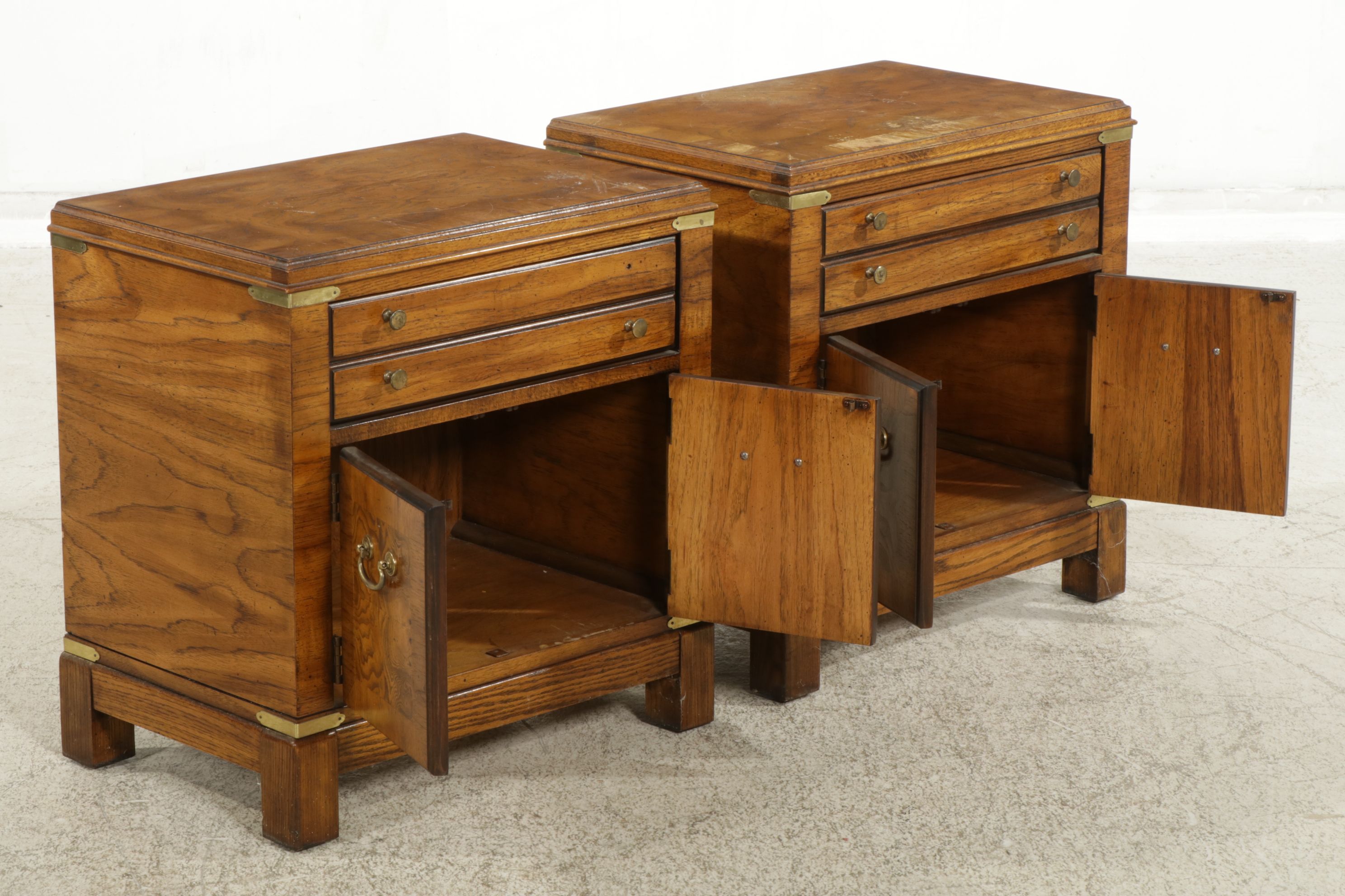 Lane Furniture Campaign Style Burl Walnut Nightstands, Pair