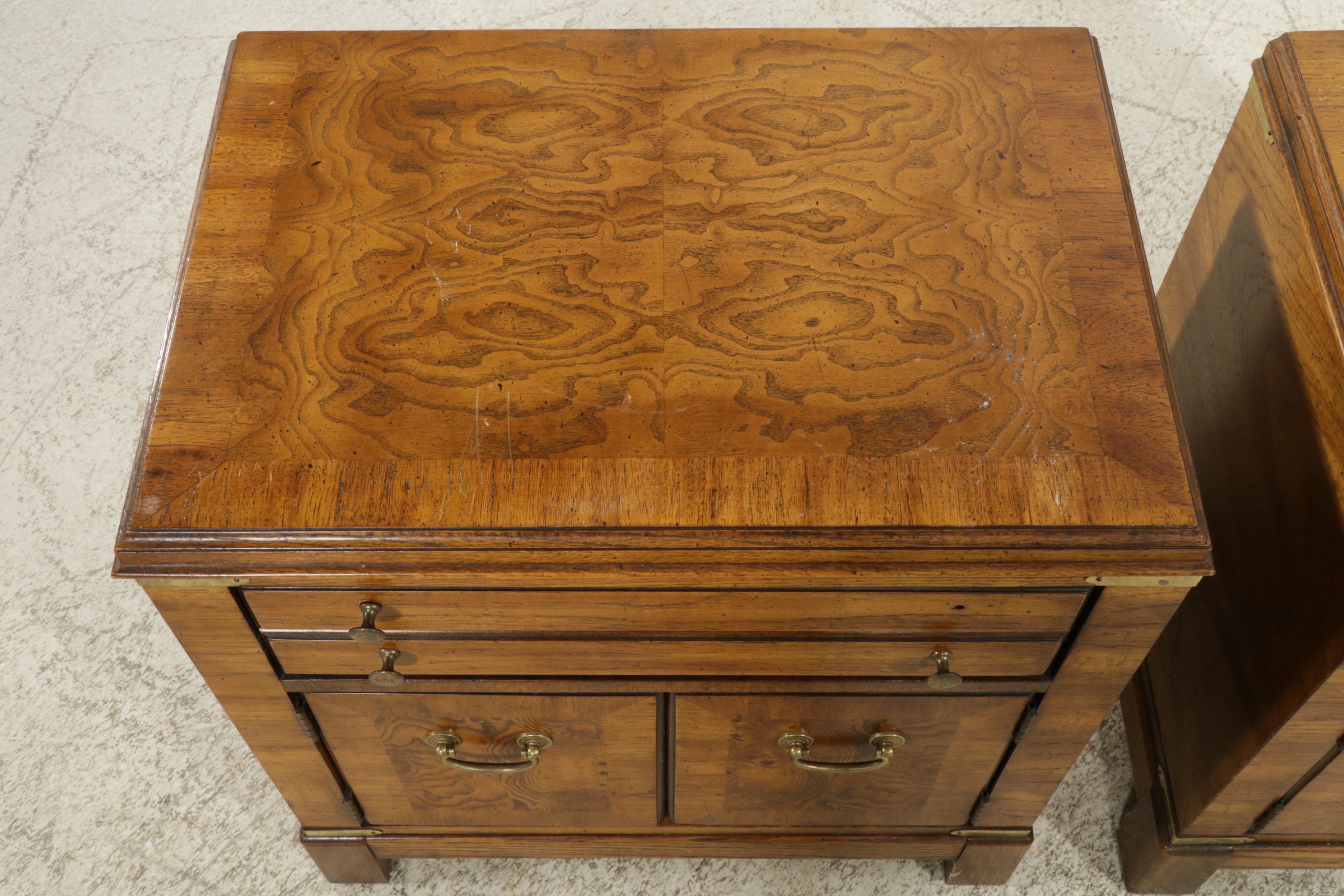 Lane Furniture Campaign Style Burl Walnut Nightstands, Pair