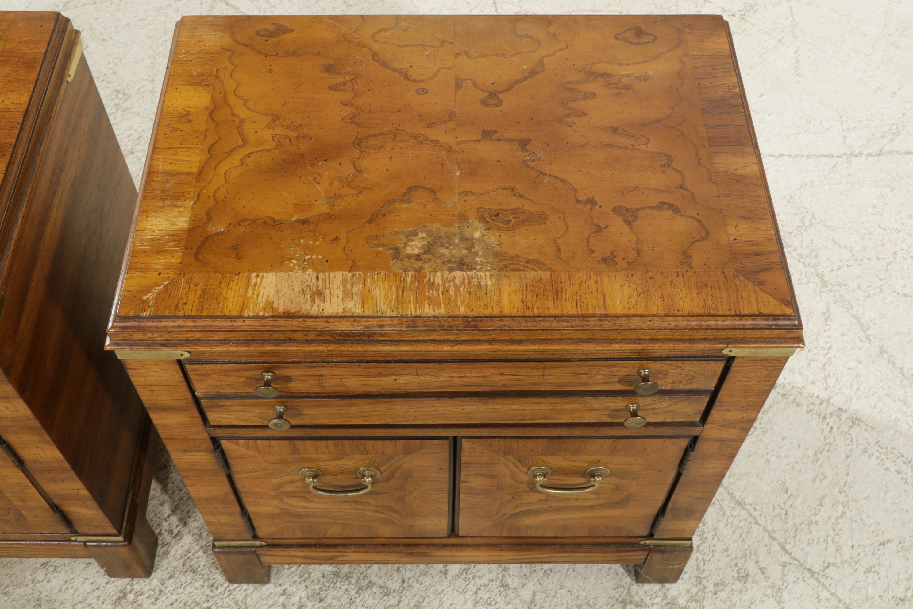 Lane Furniture Campaign Style Burl Walnut Nightstands, Pair