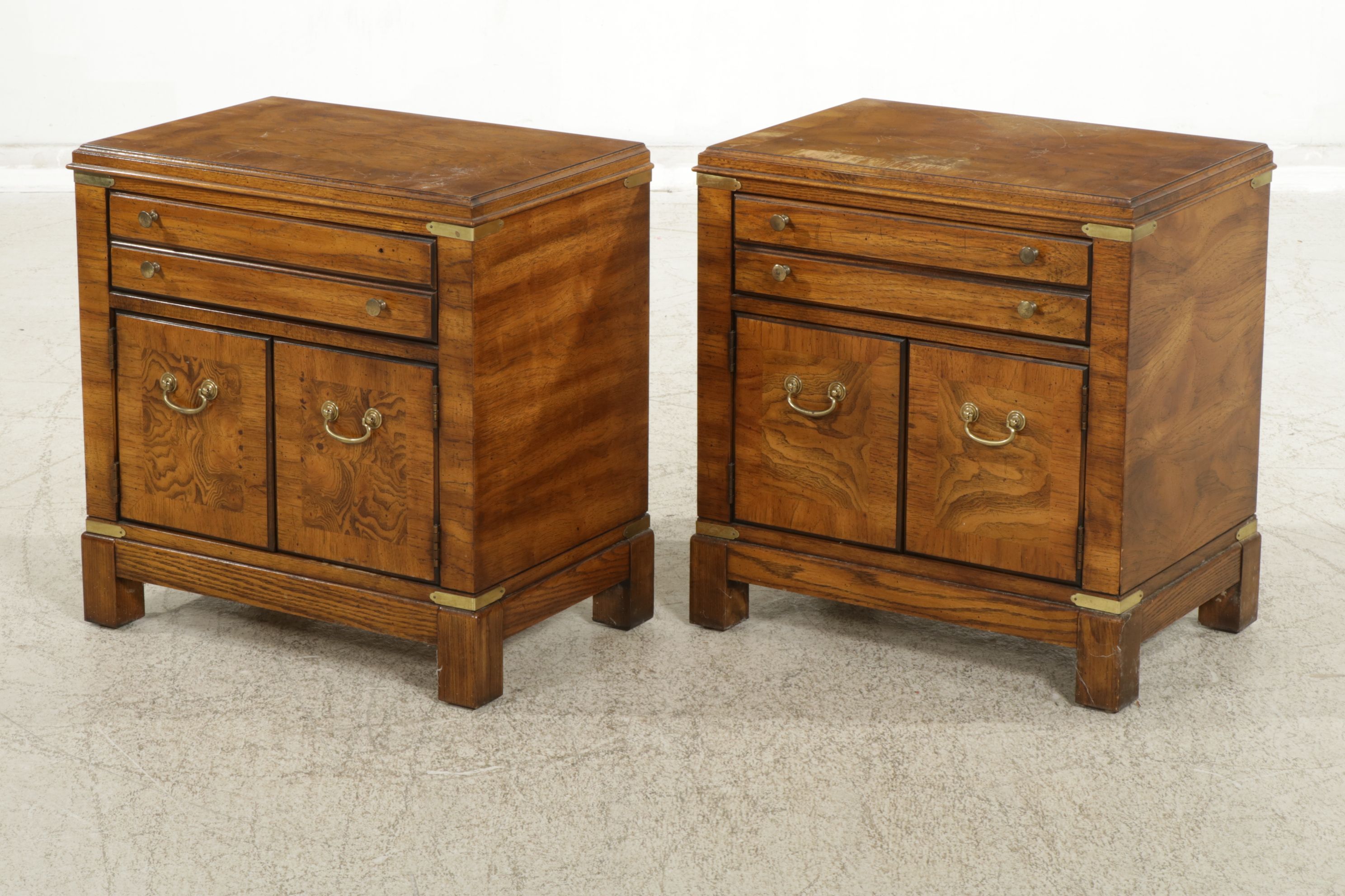 Lane Furniture Campaign Style Burl Walnut Nightstands, Pair