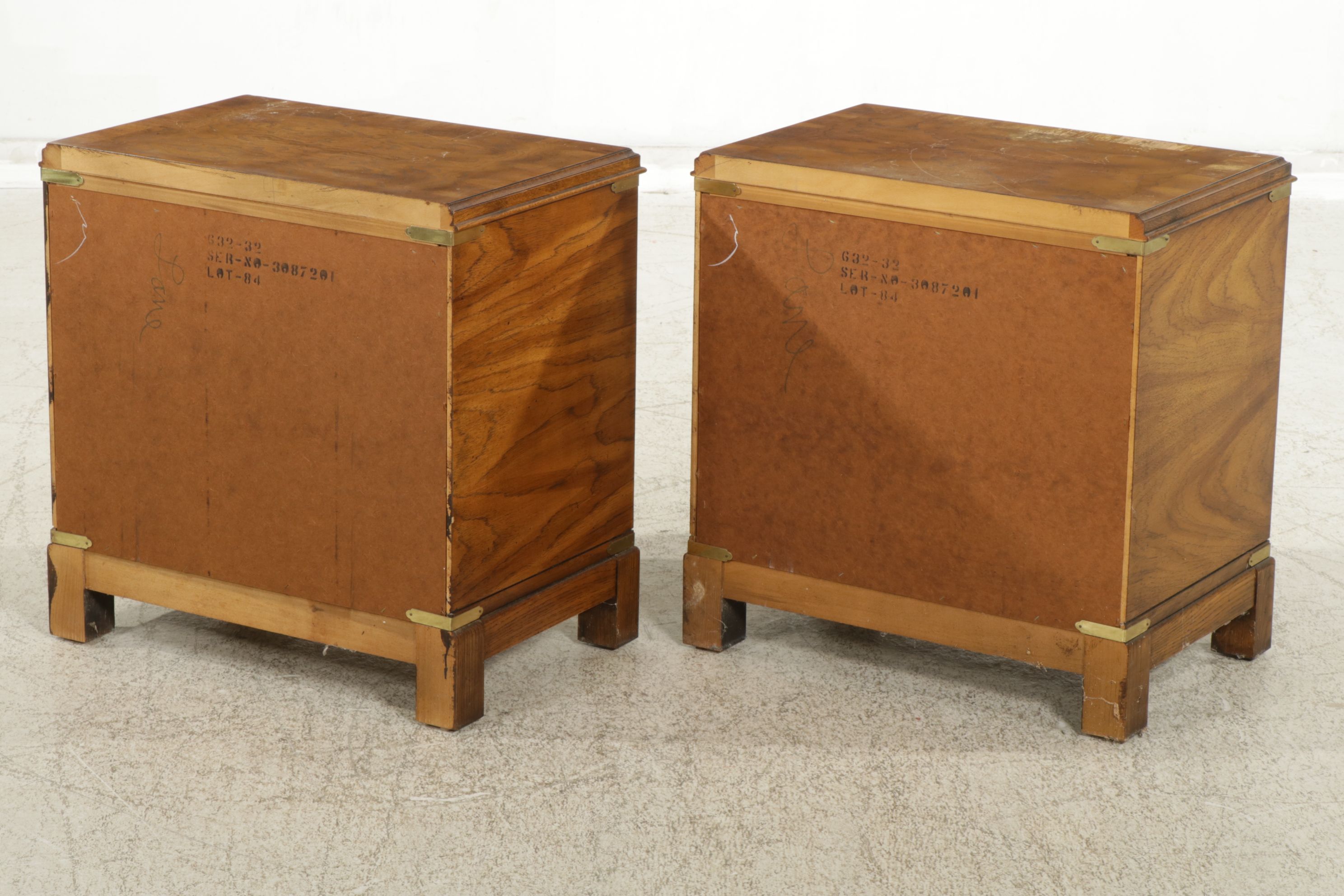 Lane Furniture Campaign Style Burl Walnut Nightstands, Pair