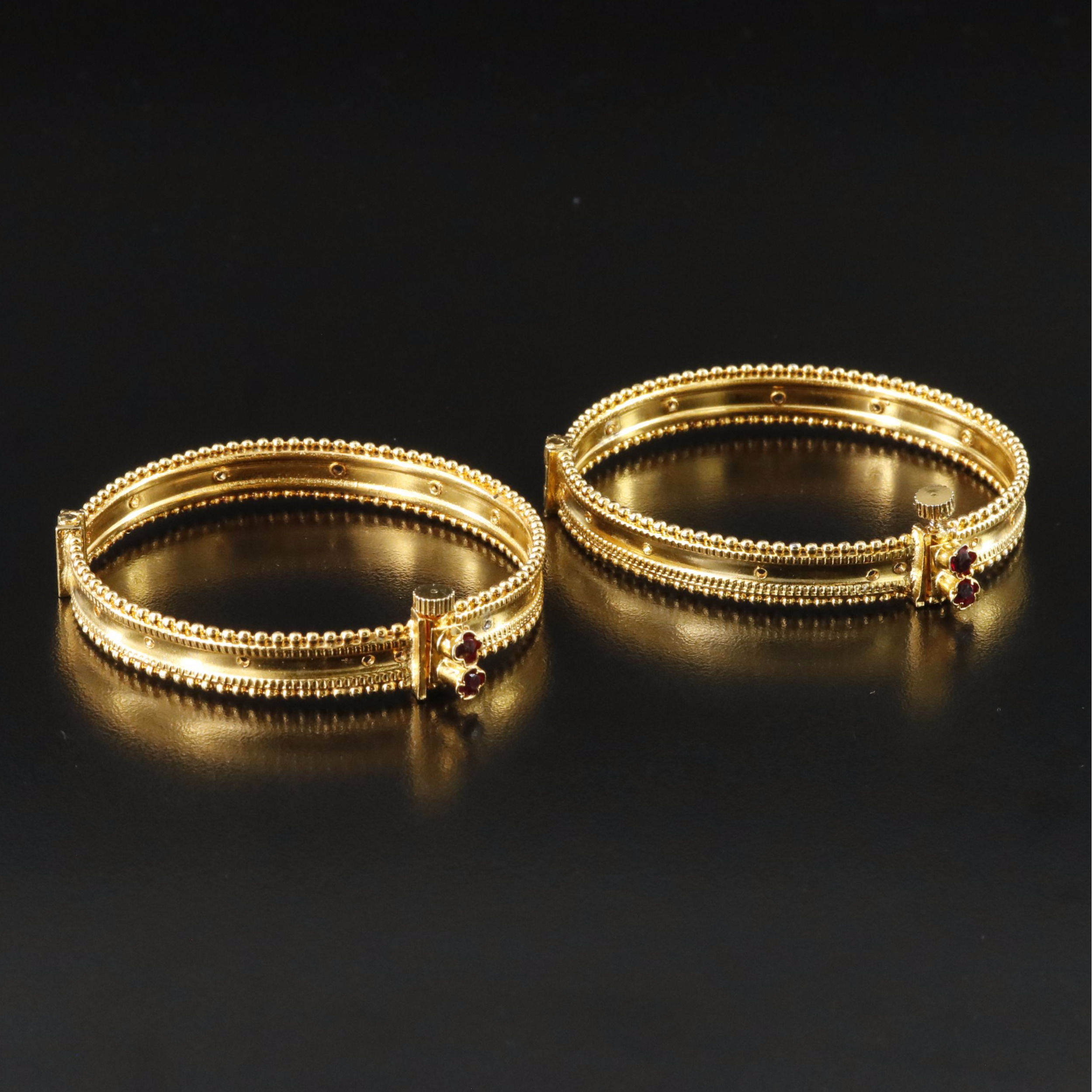 Yellow Tone Hinged Bangle Bracelet Set with Faux Gemstones