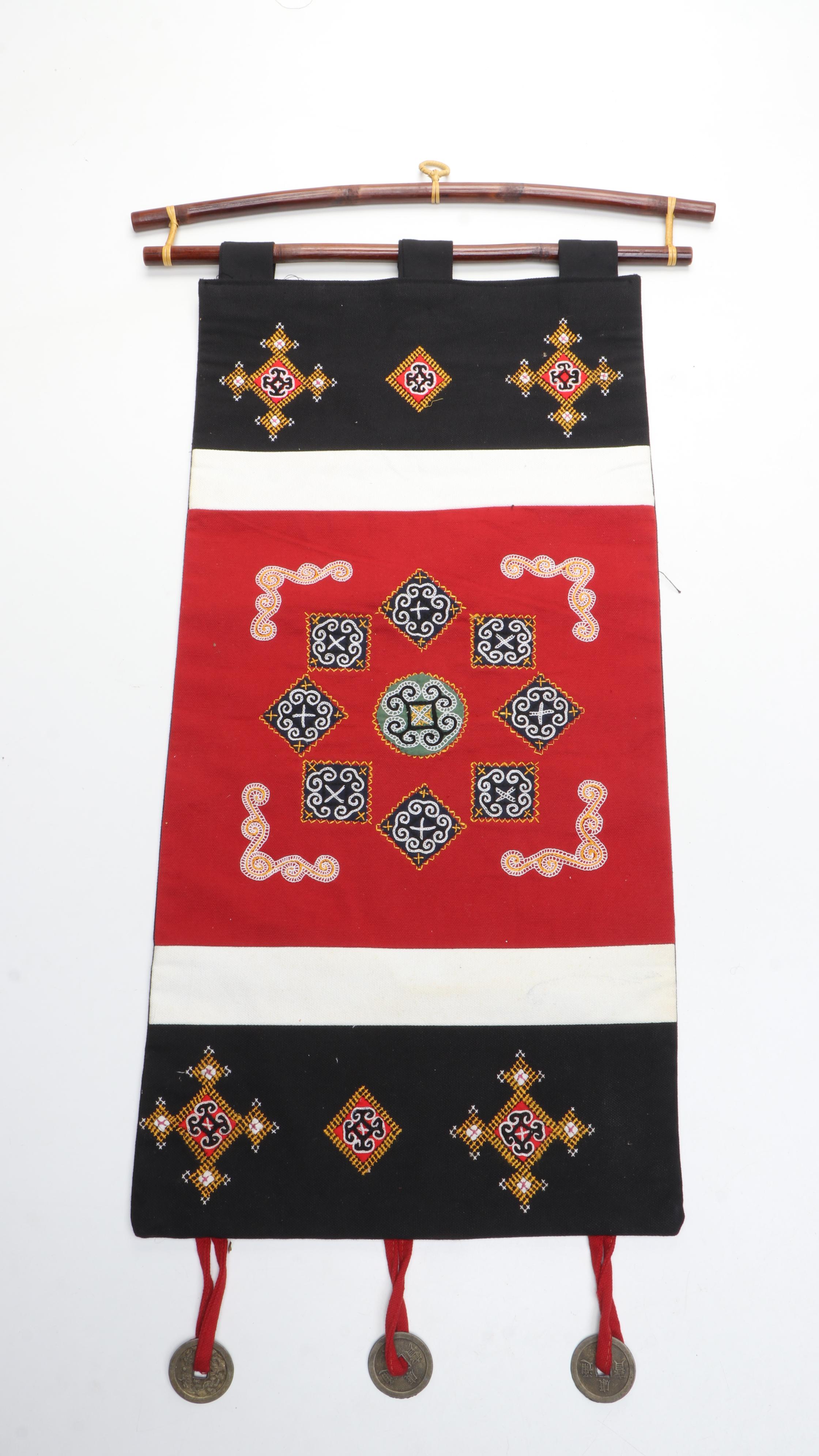 Vietnamese Hmong Hand-Embroidered Tapestry with Wood Kimekomi Kabuki Doll