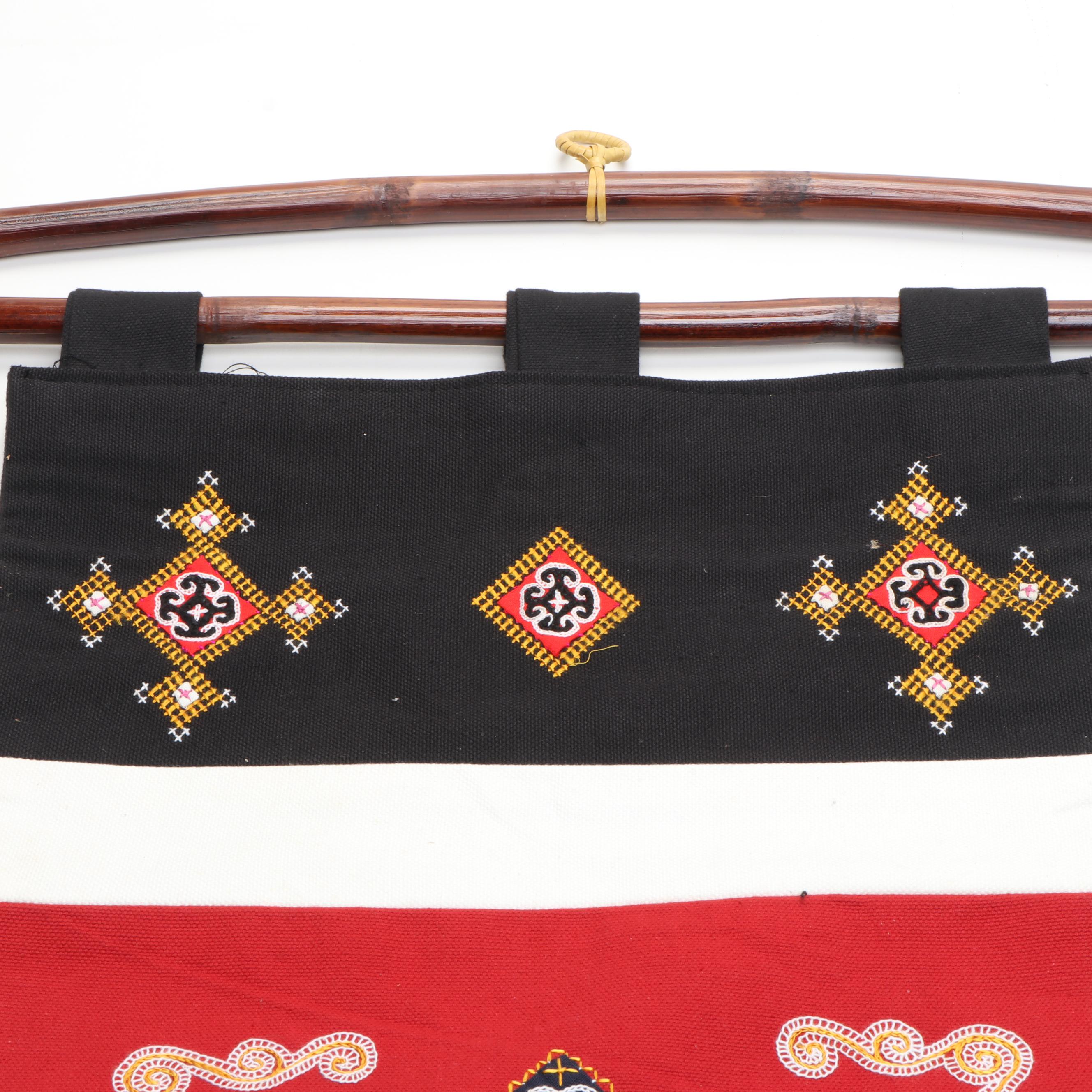 Vietnamese Hmong Hand-Embroidered Tapestry with Wood Kimekomi Kabuki Doll