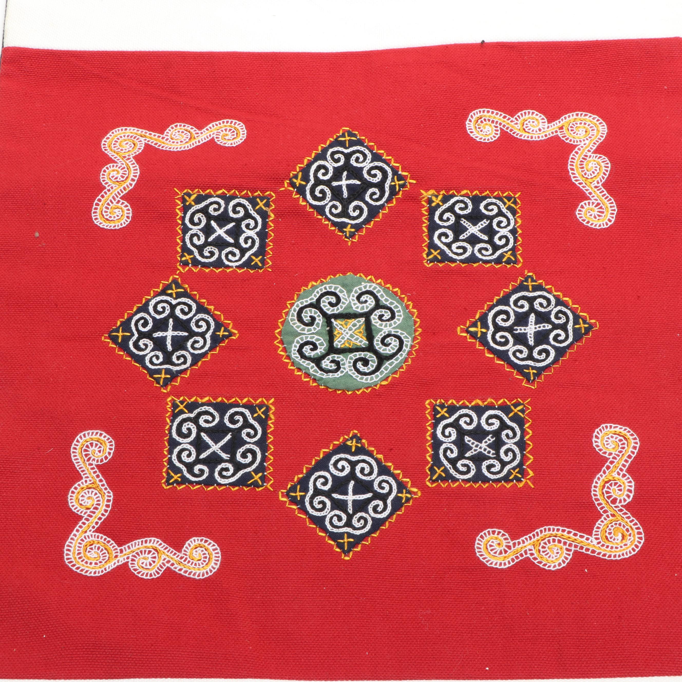 Vietnamese Hmong Hand-Embroidered Tapestry with Wood Kimekomi Kabuki Doll