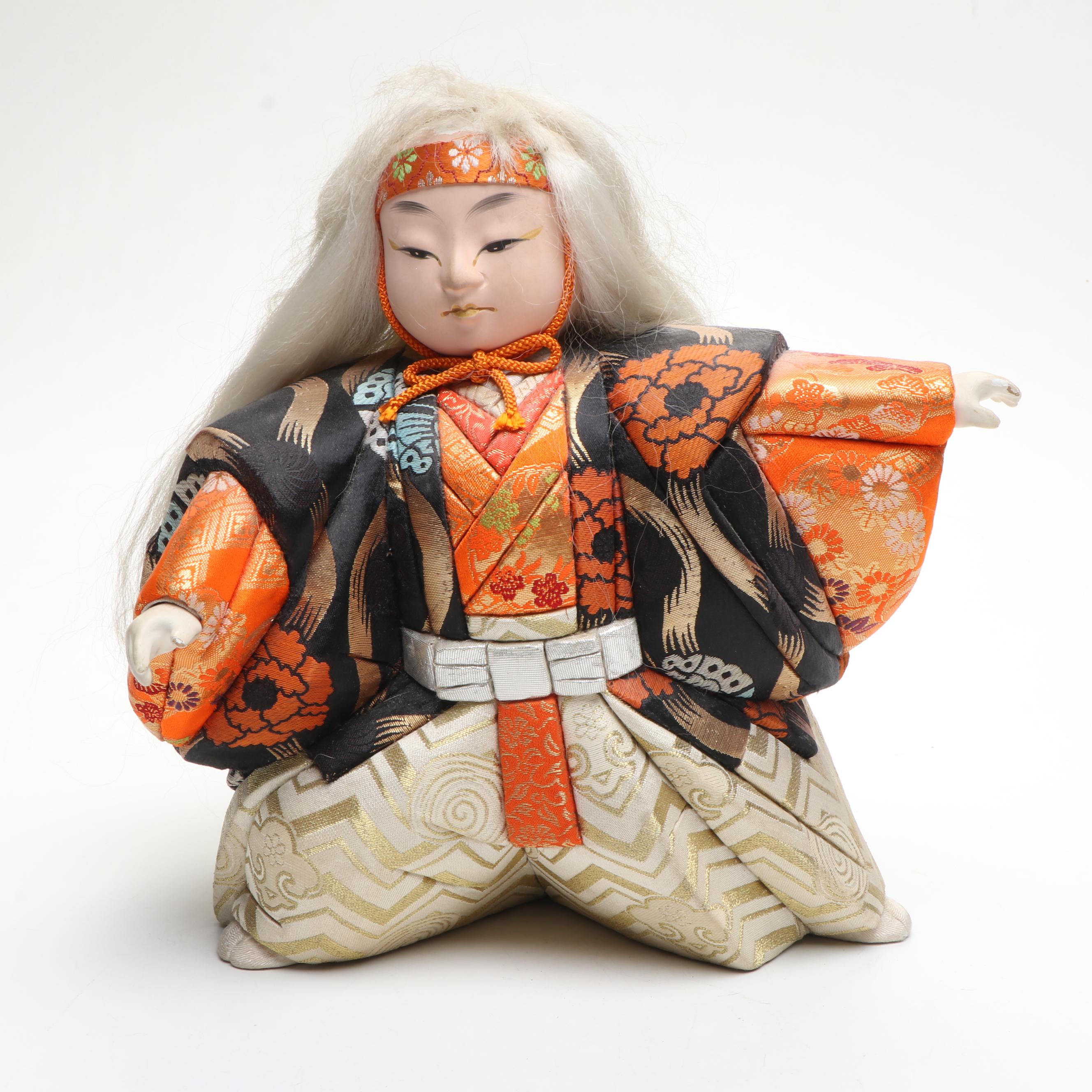 Vietnamese Hmong Hand-Embroidered Tapestry with Wood Kimekomi Kabuki Doll