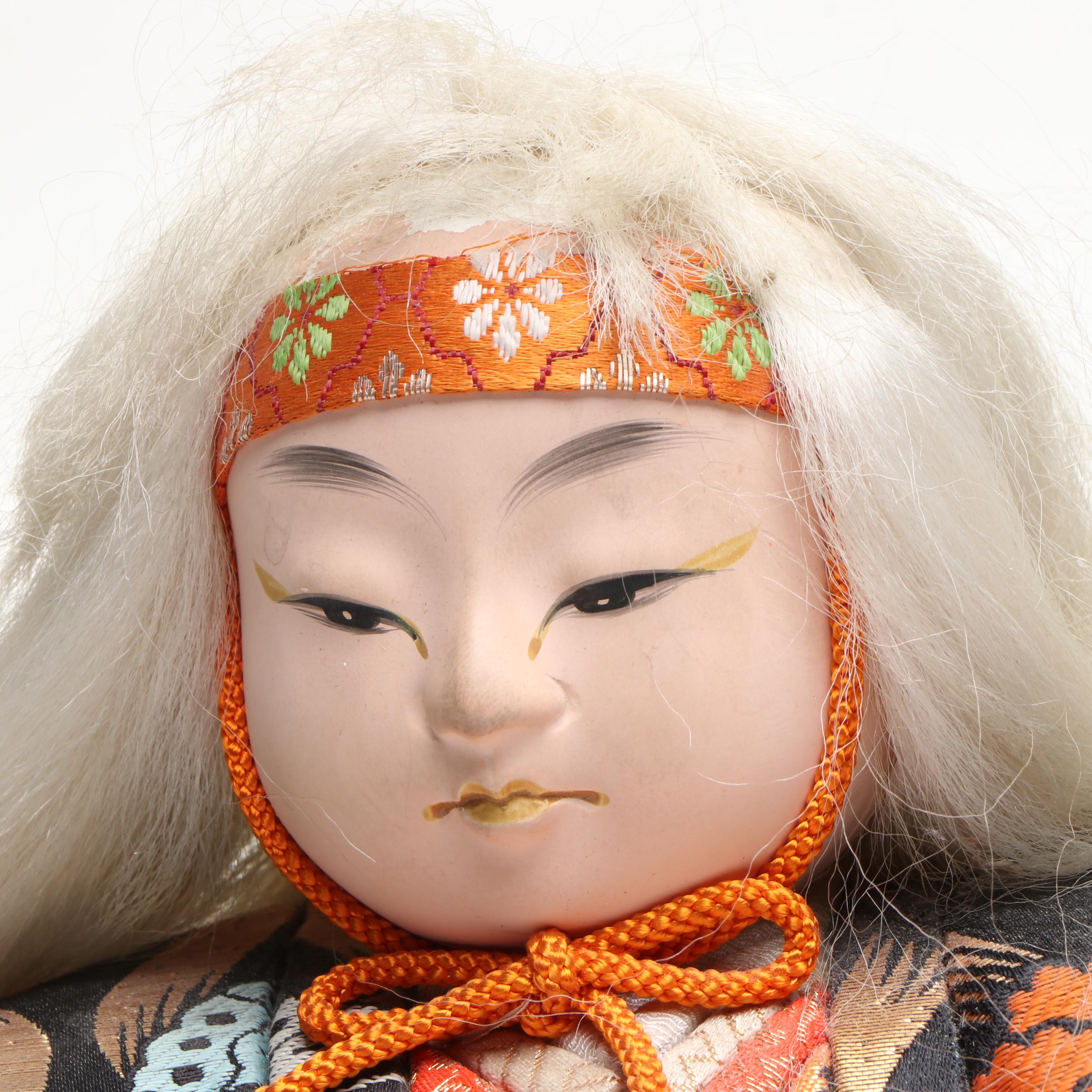 Vietnamese Hmong Hand-Embroidered Tapestry with Wood Kimekomi Kabuki Doll