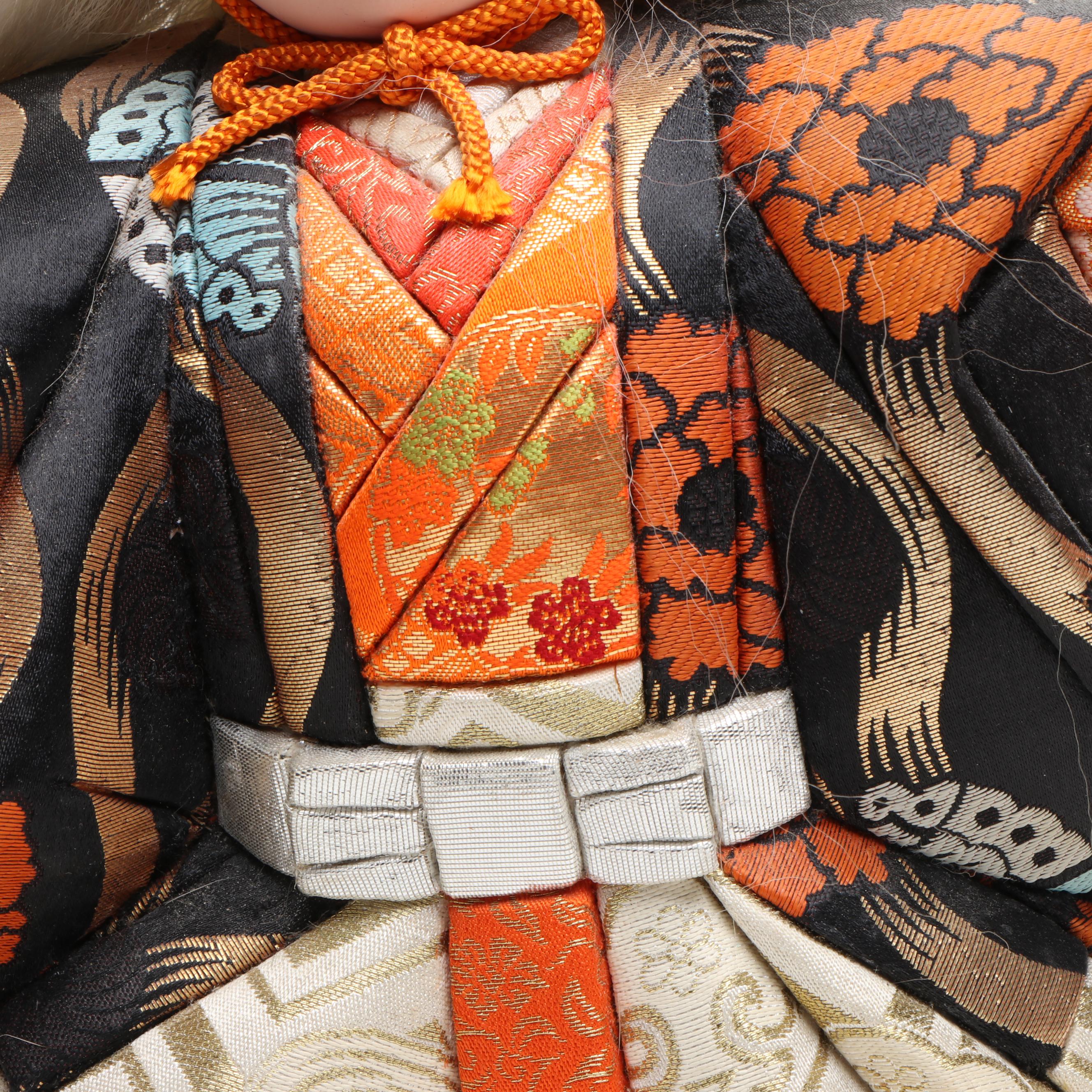 Vietnamese Hmong Hand-Embroidered Tapestry with Wood Kimekomi Kabuki Doll