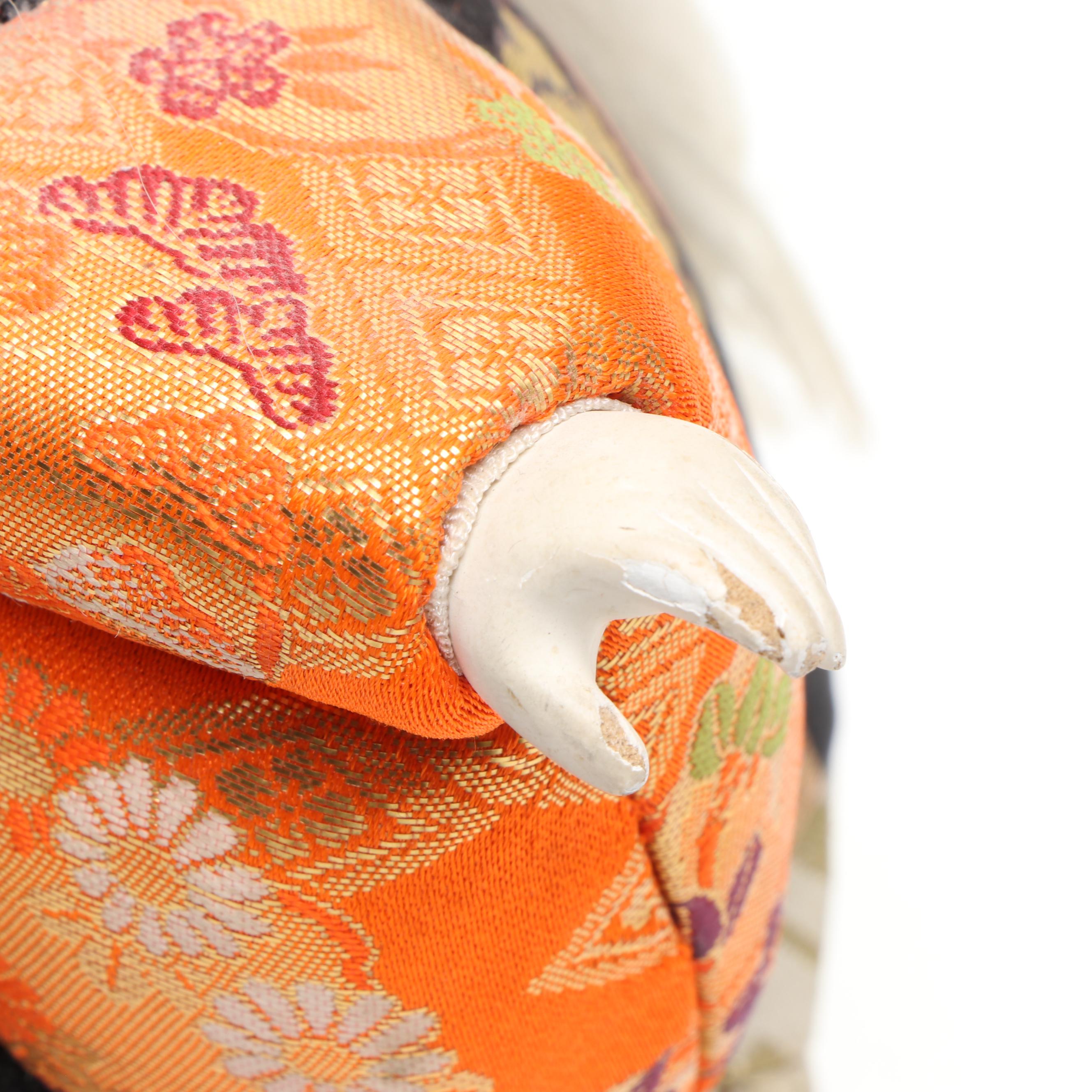 Vietnamese Hmong Hand-Embroidered Tapestry with Wood Kimekomi Kabuki Doll