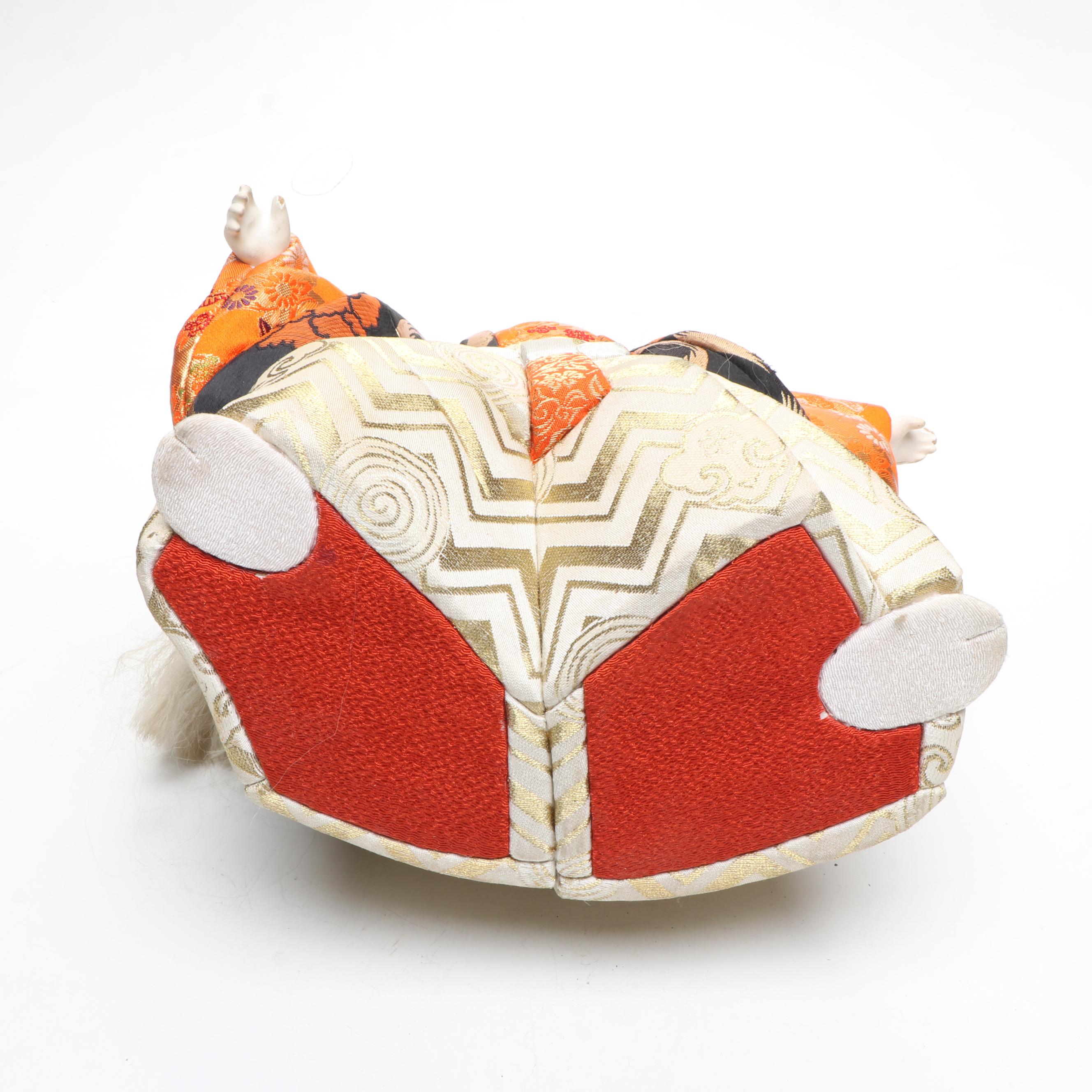 Vietnamese Hmong Hand-Embroidered Tapestry with Wood Kimekomi Kabuki Doll