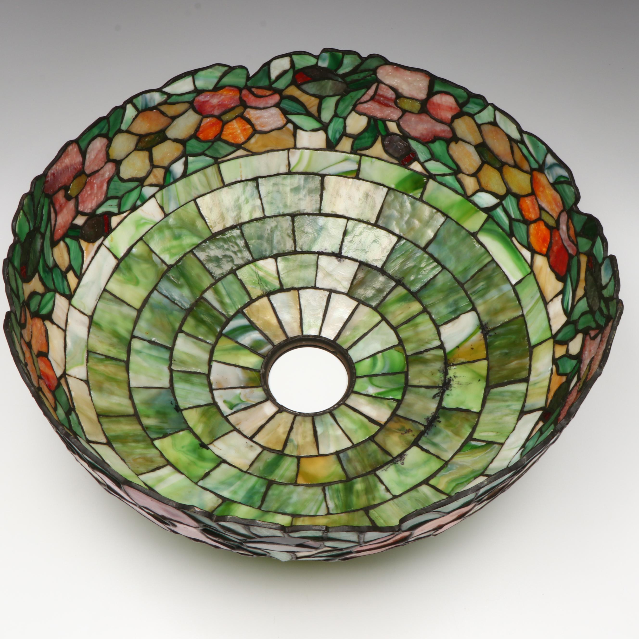 Art Nouveau Metal Table Lamp with Floral Stained Glass Shade