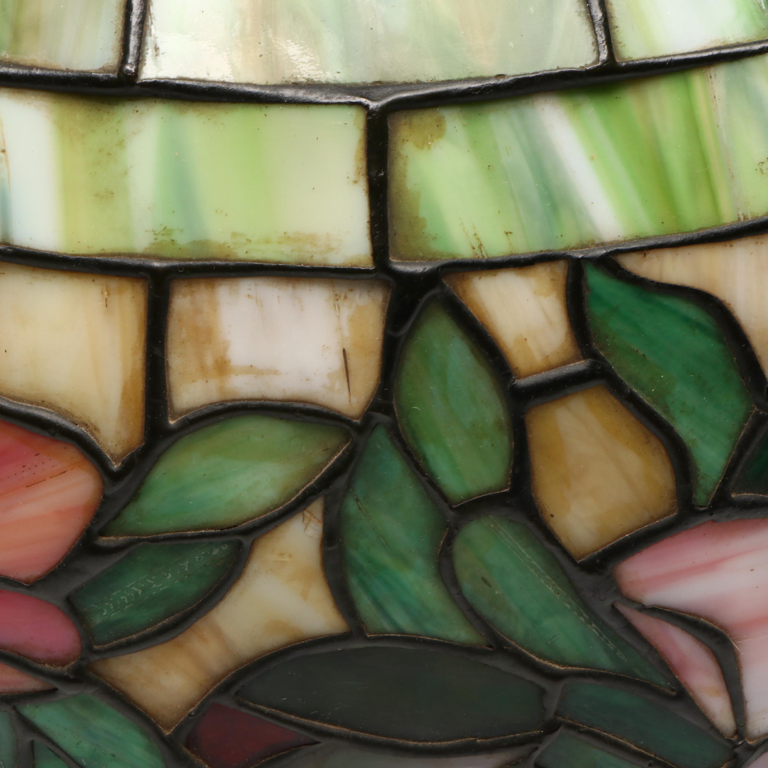 Art Nouveau Metal Table Lamp with Floral Stained Glass Shade