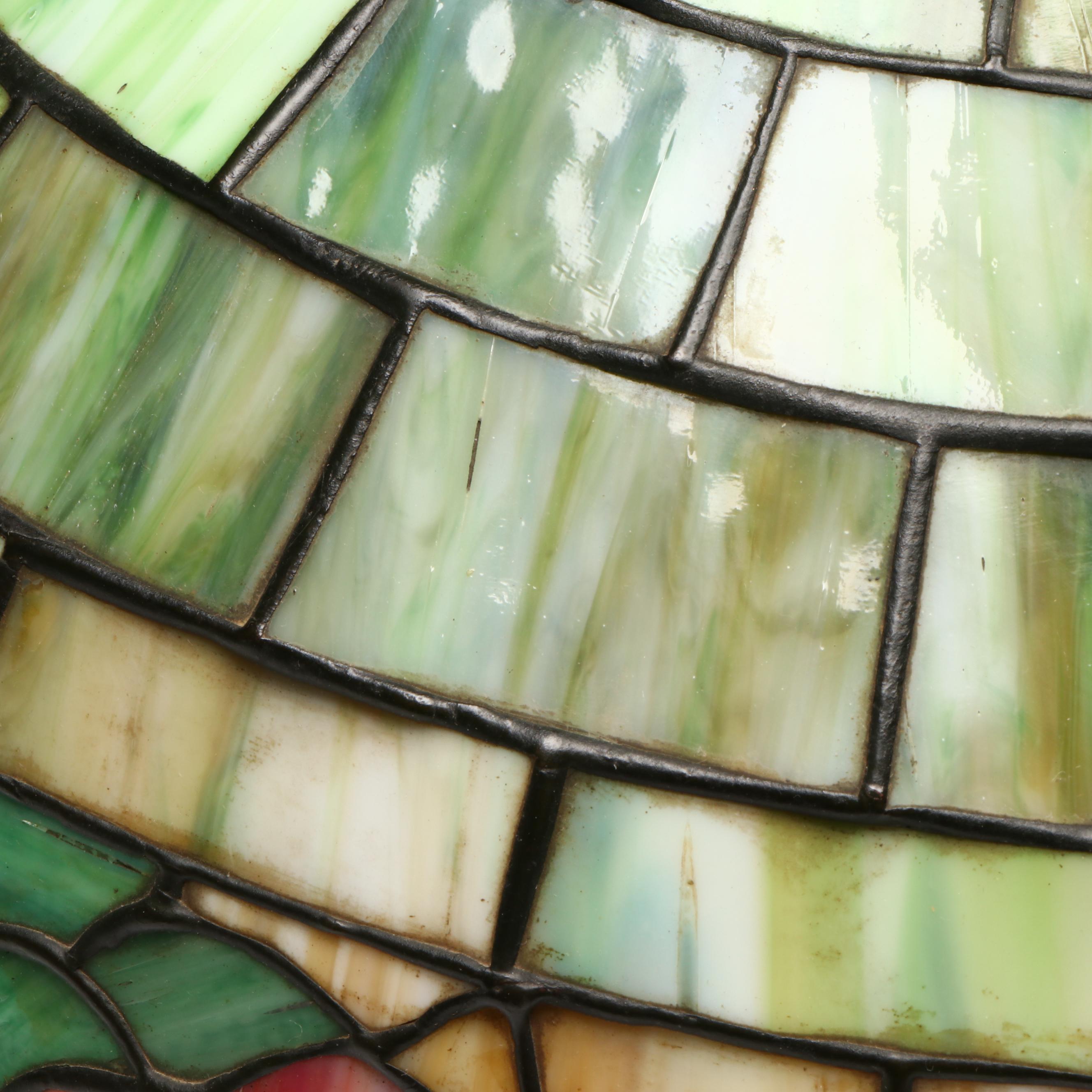 Art Nouveau Metal Table Lamp with Floral Stained Glass Shade