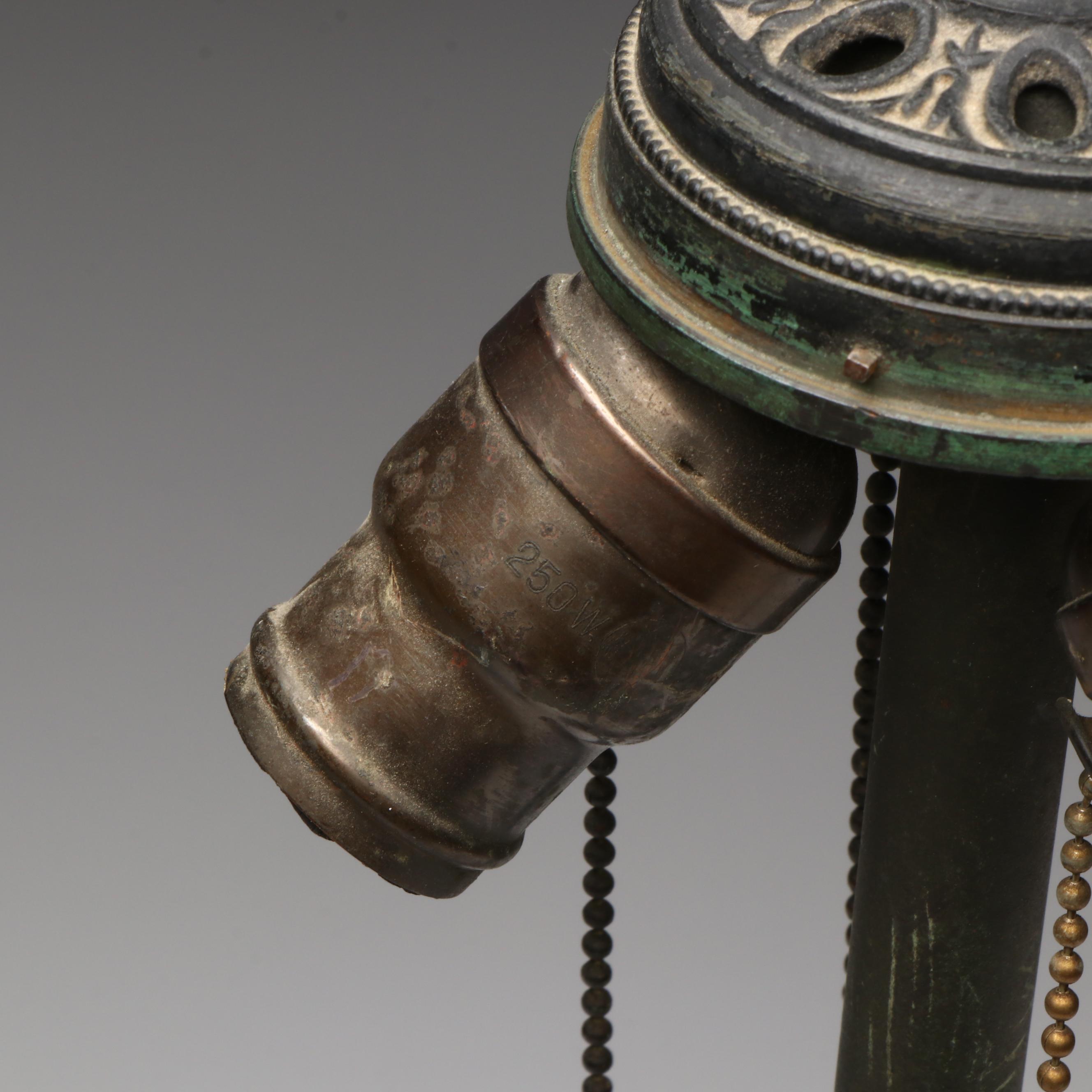 Art Nouveau Metal Table Lamp with Floral Stained Glass Shade