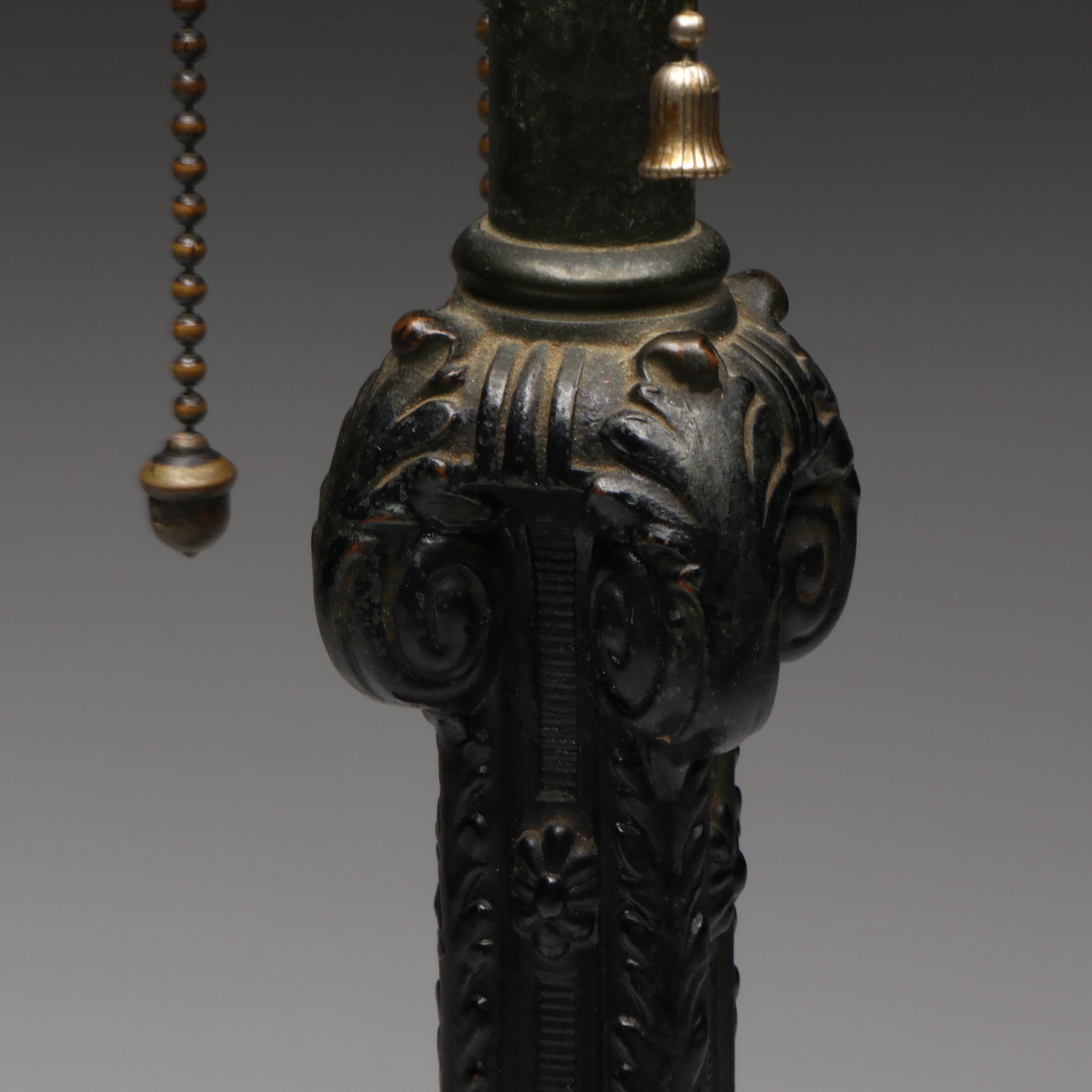 Art Nouveau Metal Table Lamp with Floral Stained Glass Shade