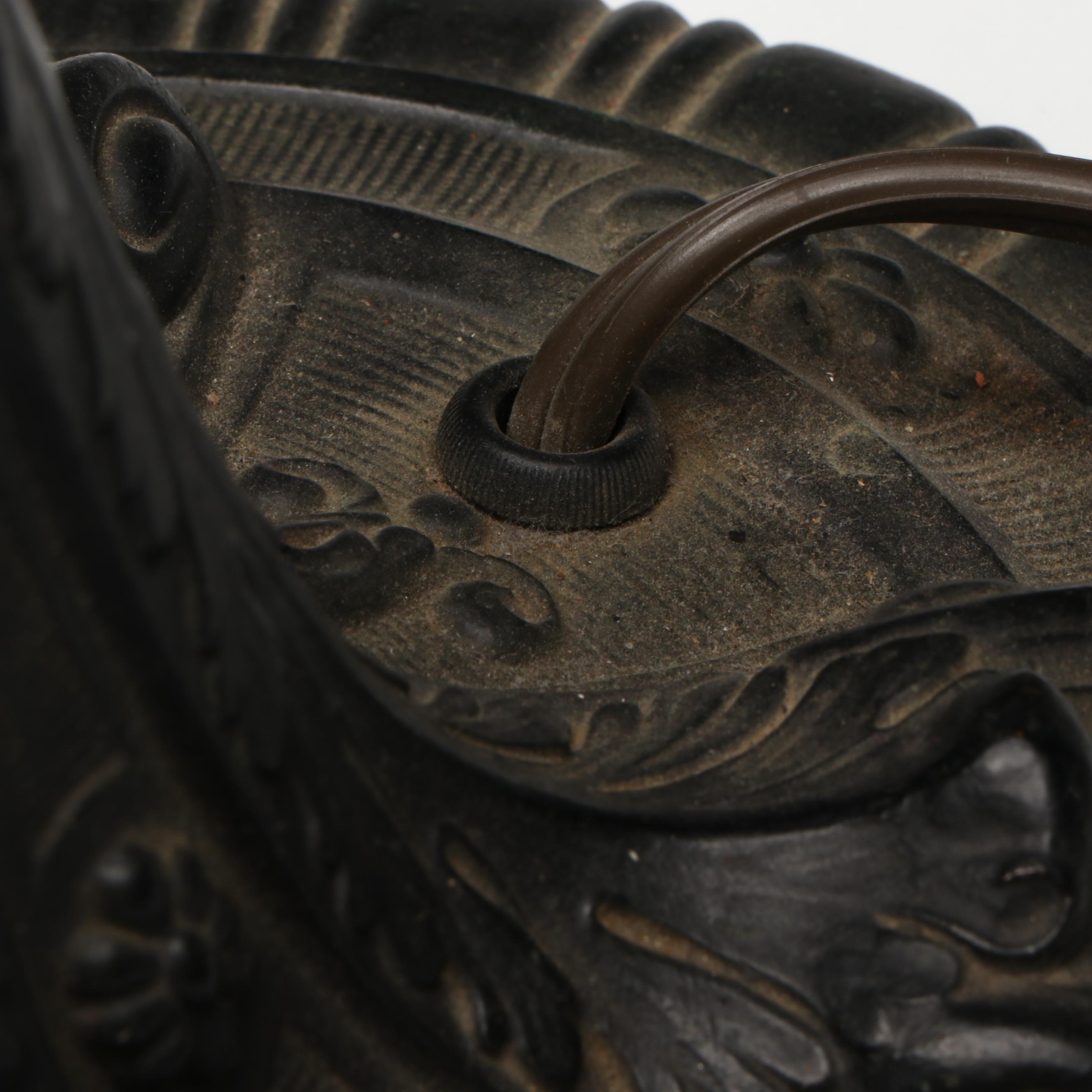 Art Nouveau Metal Table Lamp with Floral Stained Glass Shade