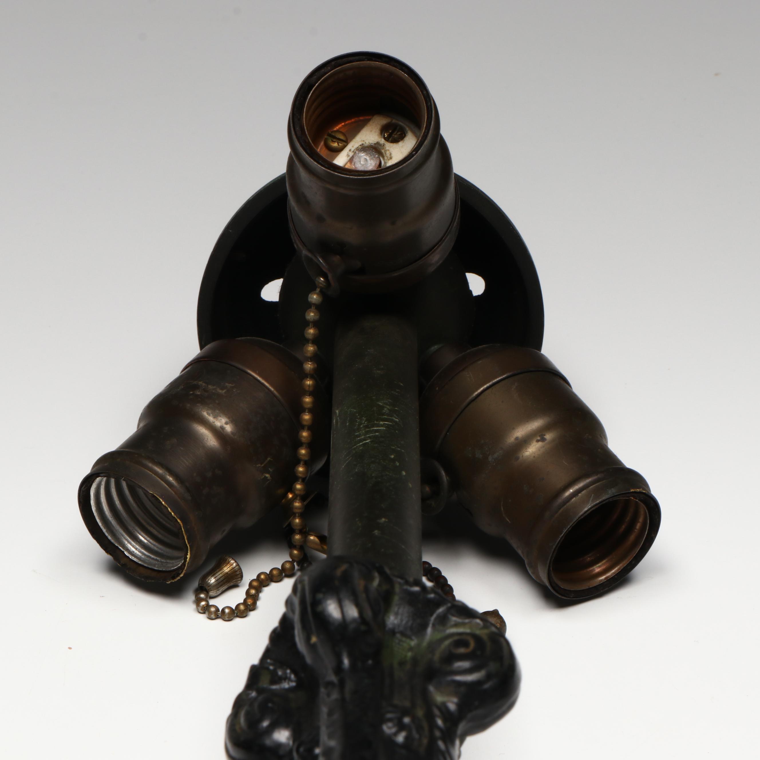 Art Nouveau Metal Table Lamp with Floral Stained Glass Shade