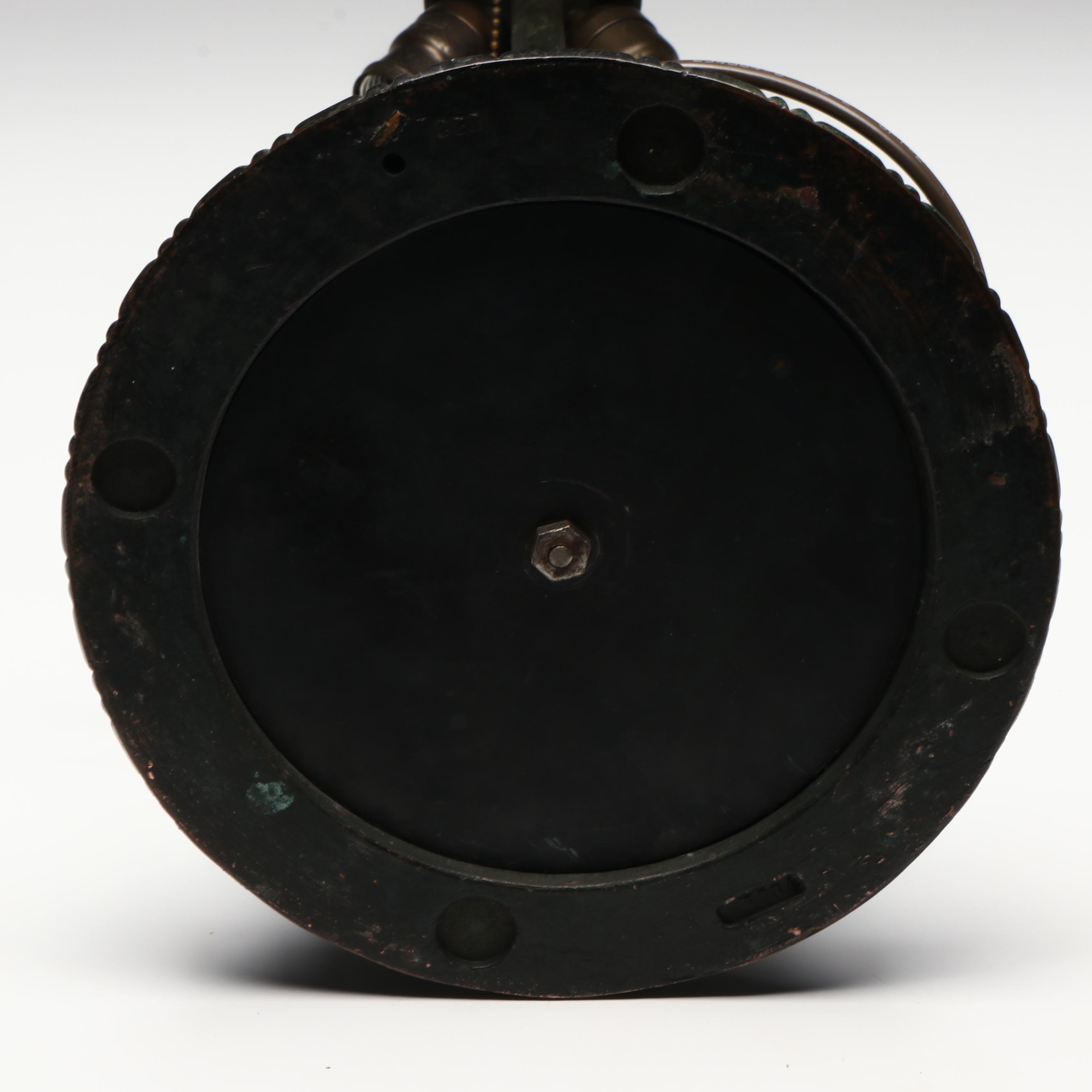 Art Nouveau Metal Table Lamp with Floral Stained Glass Shade