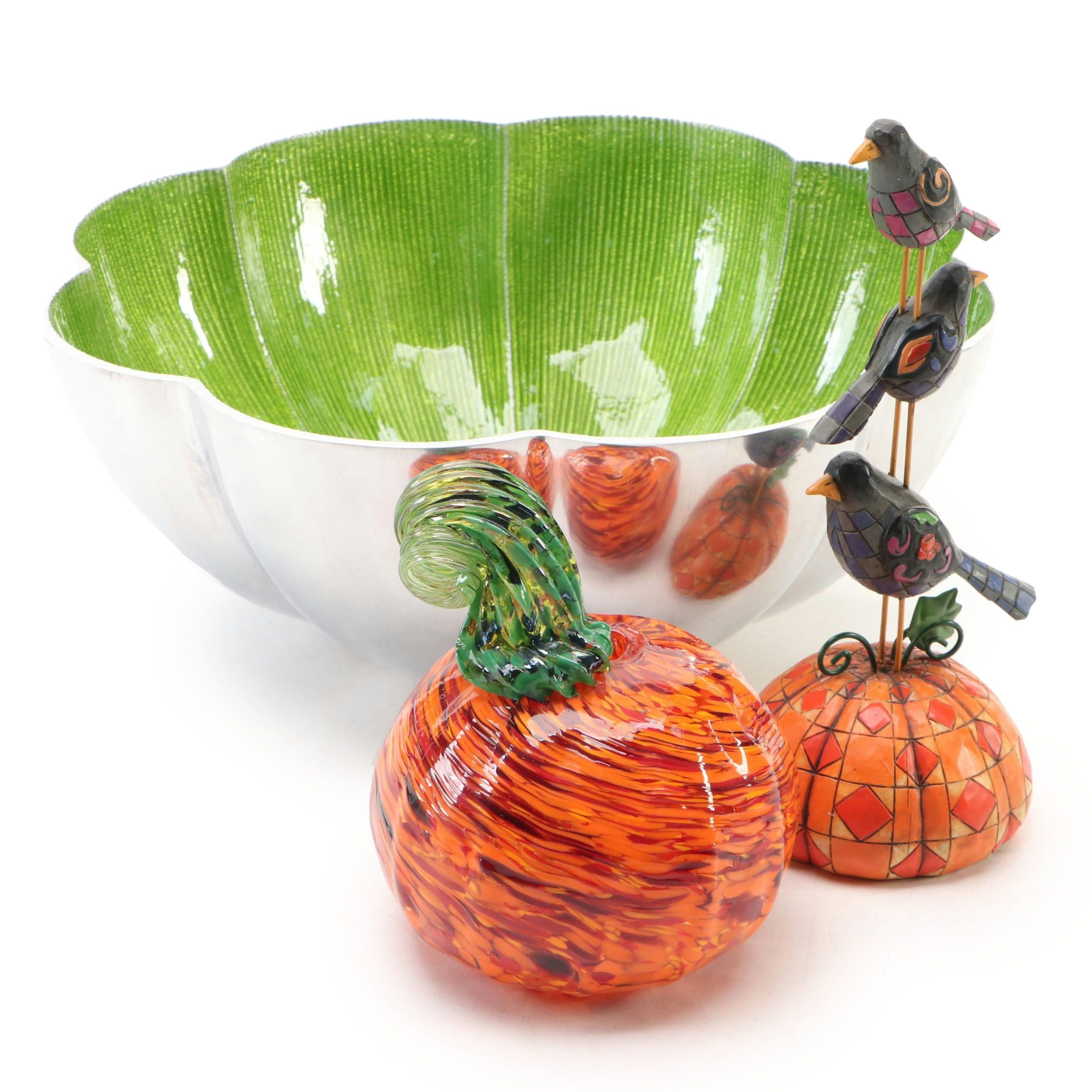 Jim Shore Heartwood Creek "Sentinel" Figurine, Simplydesignz Bowl and Pumpkin