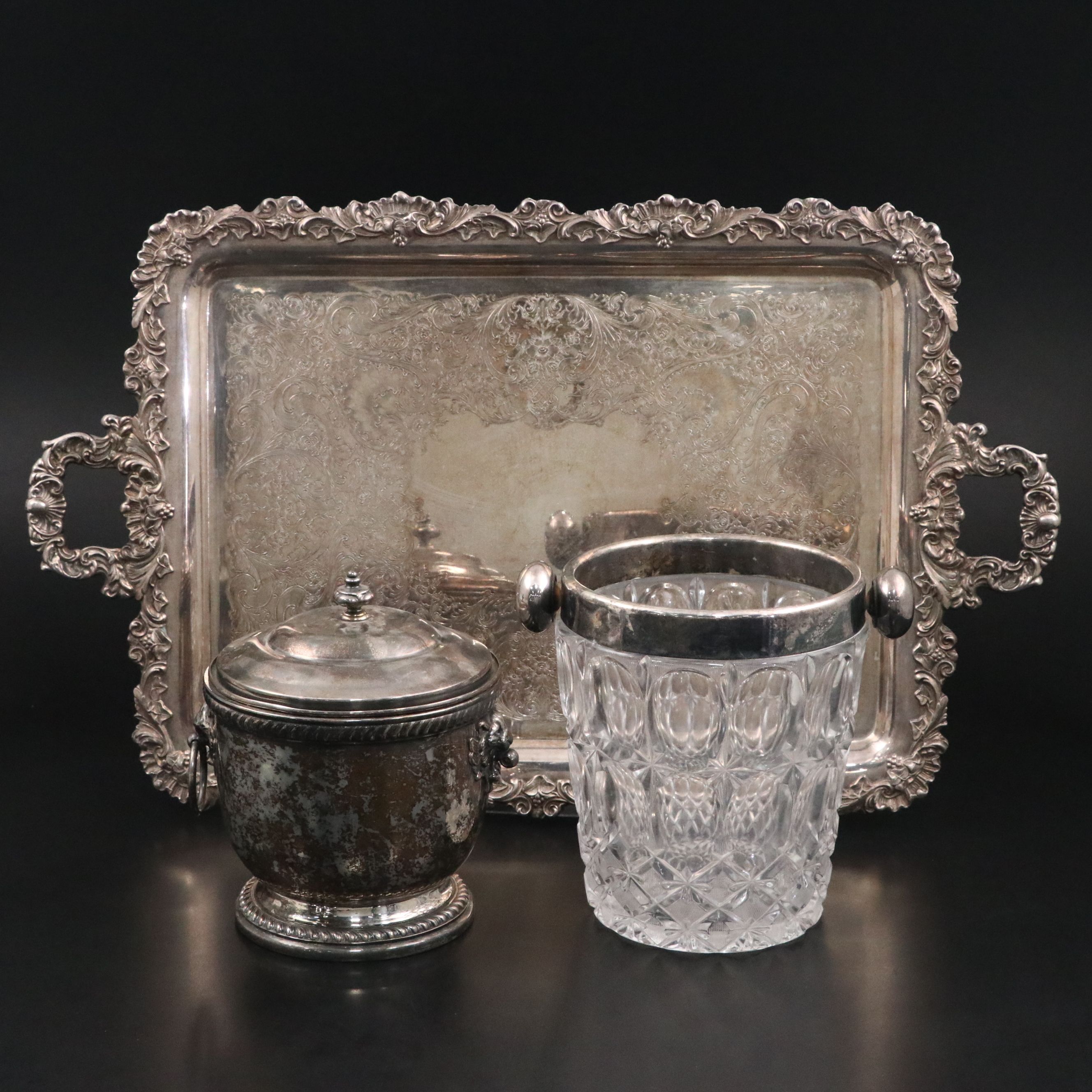 Wilcox Silver Plate Handled Tray, Ice Bucket and Glass Champagne Bucket