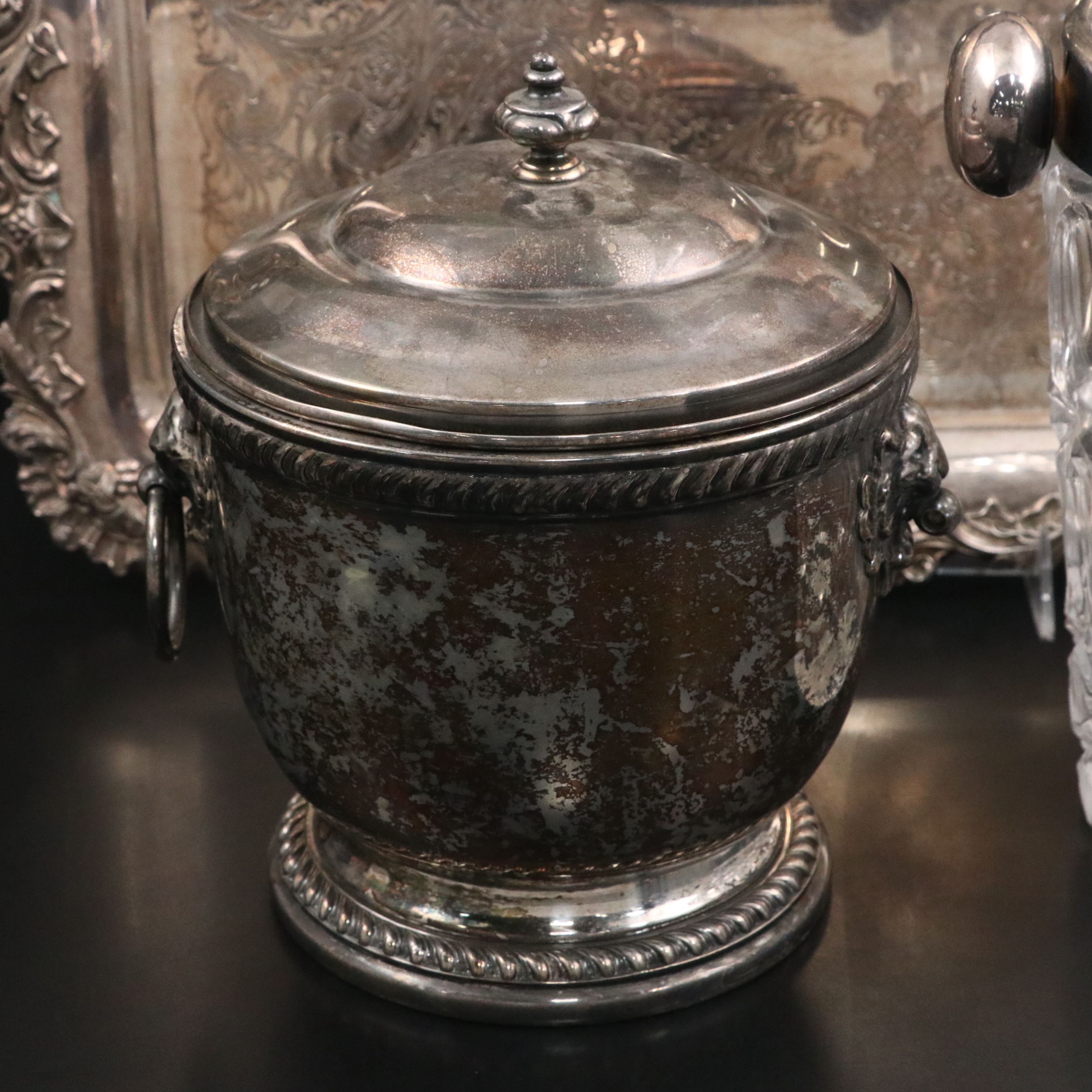 Wilcox Silver Plate Handled Tray, Ice Bucket and Glass Champagne Bucket