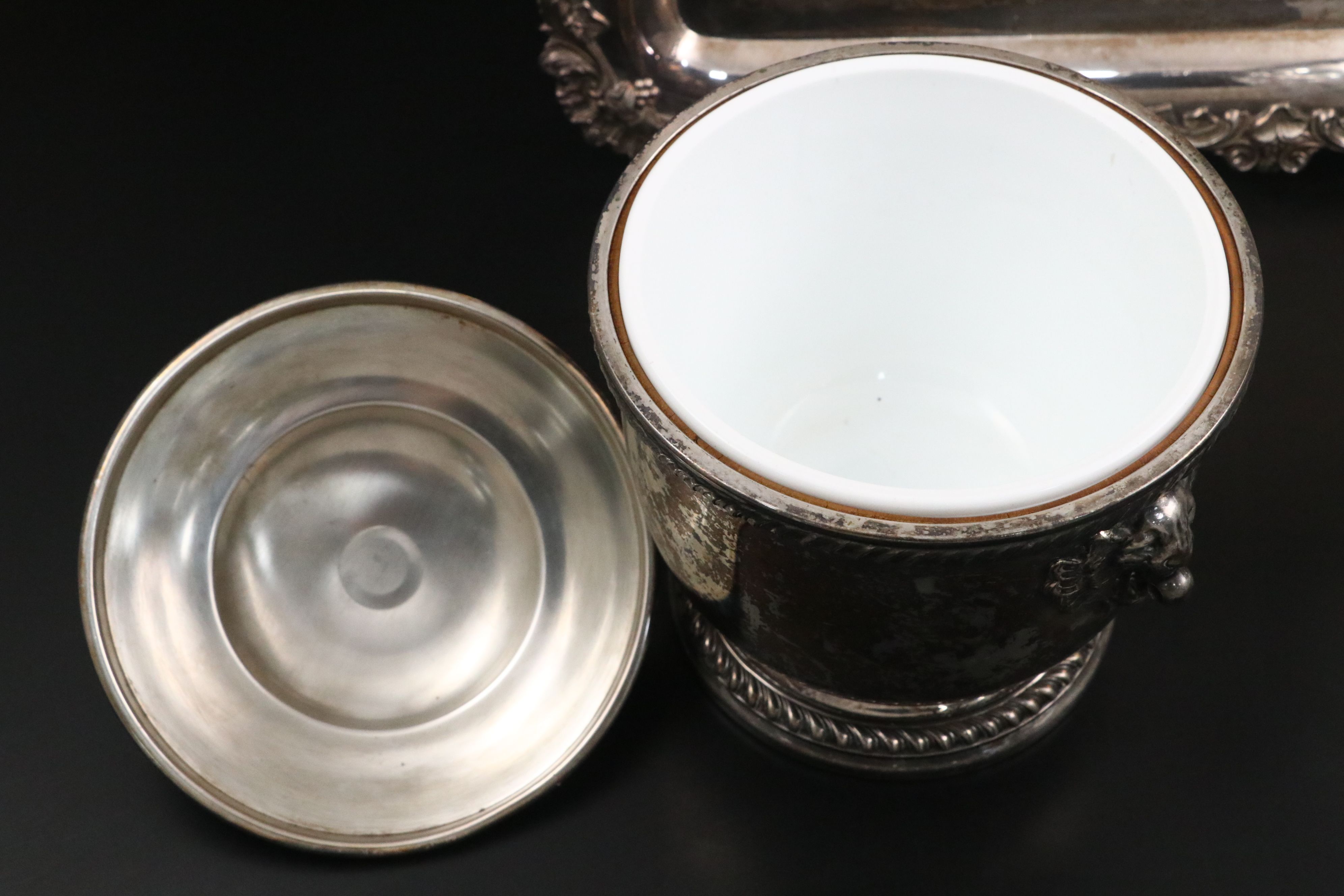 Wilcox Silver Plate Handled Tray, Ice Bucket and Glass Champagne Bucket